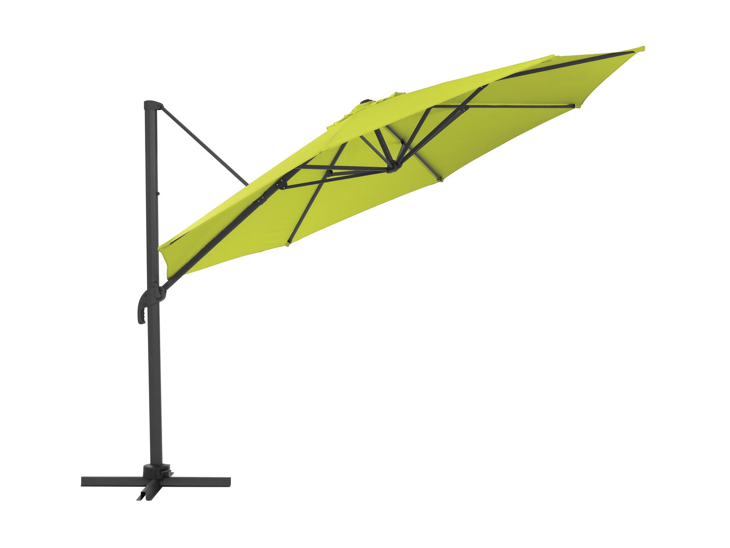 Lime green 11.5ft deluxe offset patio umbrella with sturdy aluminum frame, easy tilt mechanism, and UV-resistant fabric, providing ample shade for outdoor spaces.