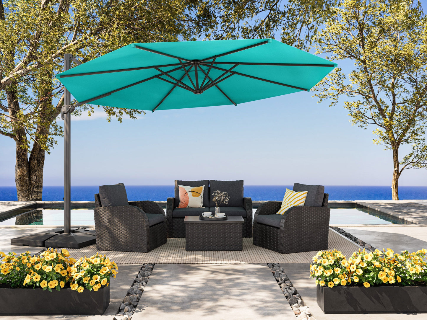 Turquoise 11.5ft deluxe offset patio umbrella with a sturdy aluminum frame, crank lift system, and UV-resistant fabric, providing ample shade for outdoor seating areas and enhancing patio decor.