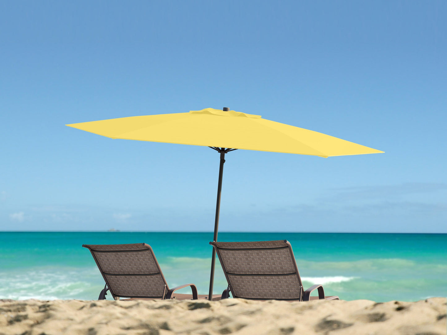 Yellow 7.5ft beach umbrella with sturdy aluminum pole, UV-resistant fabric, and adjustable tilt feature. Ideal for seaside relaxation, providing ample shade and weather protection.