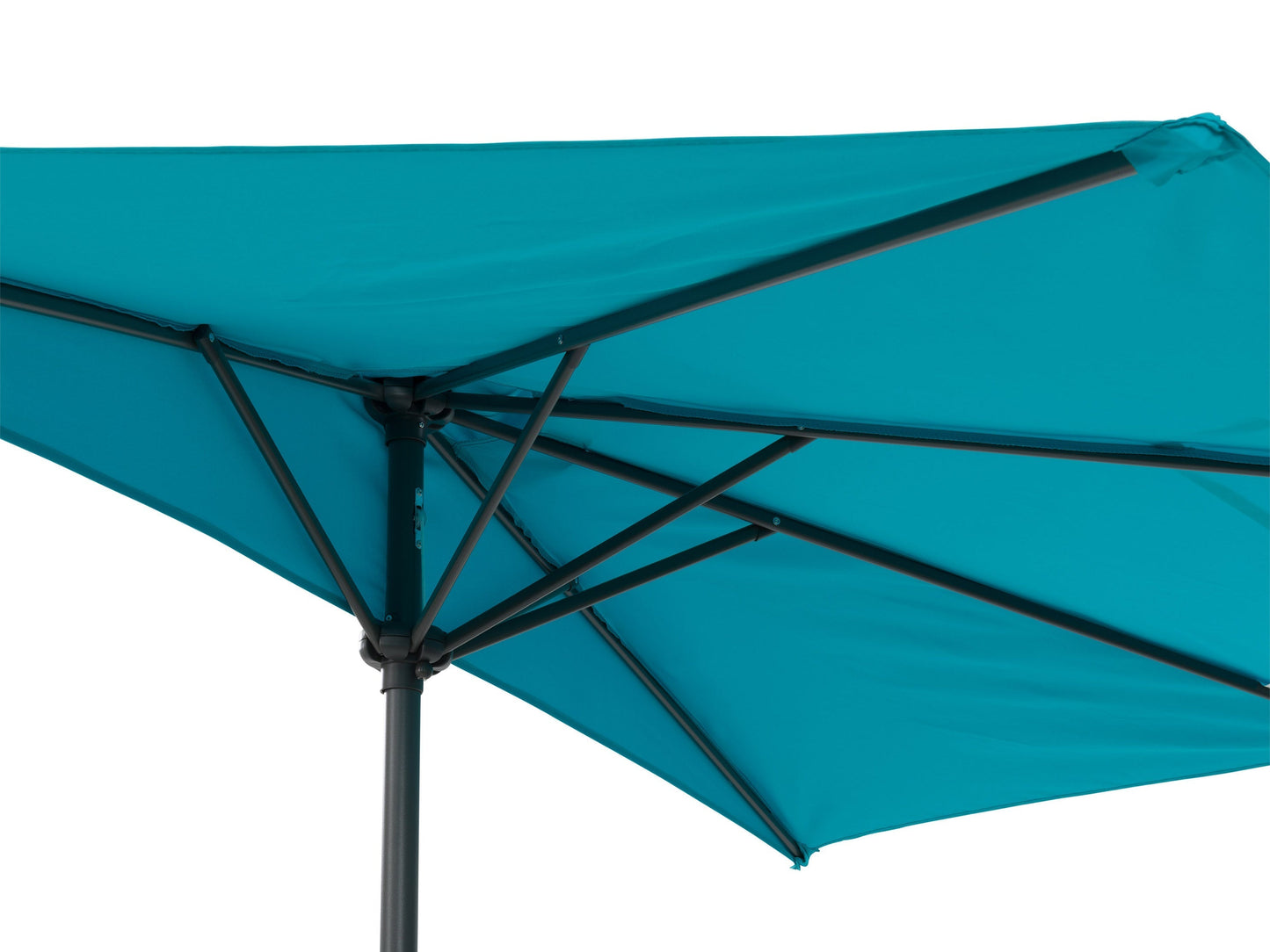Turquoise 8.5ft half umbrella with durable fabric canopy, adjustable tilt mechanism, and sturdy metal frame, perfect for small patios or balconies, providing ample shade and UV protection.