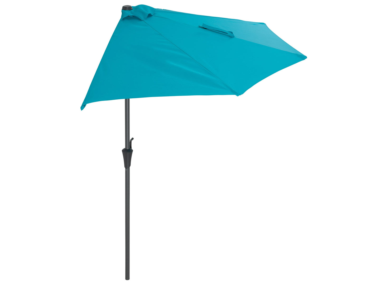 Turquoise 8.5ft half umbrella with durable fabric canopy, adjustable tilt mechanism, and sturdy metal frame, perfect for small patios or balconies, providing ample shade and UV protection.