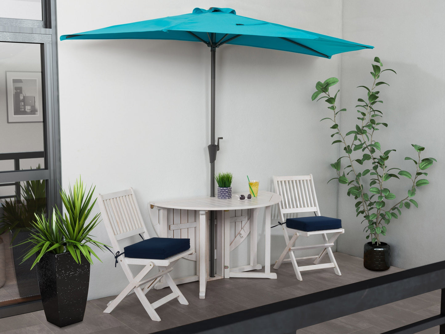 Turquoise 8.5ft half umbrella with durable fabric canopy, adjustable tilt mechanism, and sturdy metal frame, perfect for small patios or balconies, providing ample shade and UV protection.