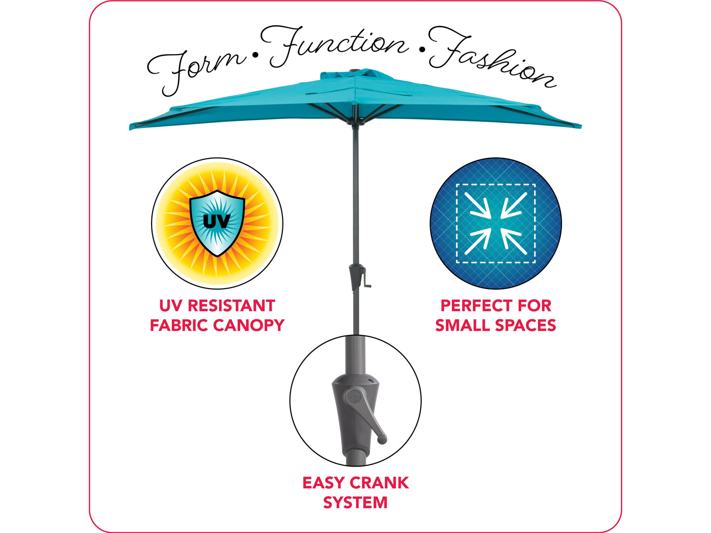 Turquoise 8.5ft half umbrella with durable fabric canopy, adjustable tilt mechanism, and sturdy metal frame, perfect for small patios or balconies, providing ample shade and UV protection.