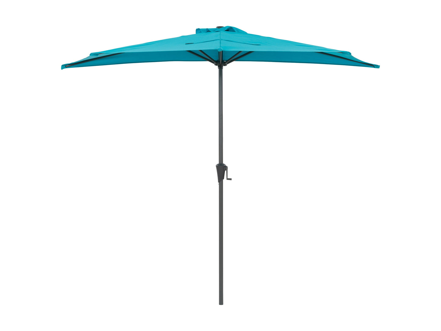 Turquoise 8.5ft half umbrella with durable fabric canopy, adjustable tilt mechanism, and sturdy metal frame, perfect for small patios or balconies, providing ample shade and UV protection.