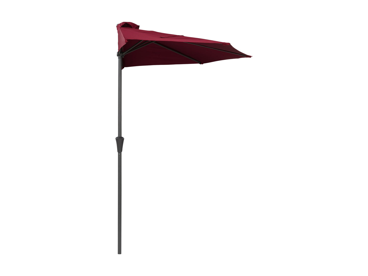 Red 8.5ft half umbrella with durable polyester fabric, sturdy aluminum frame, and crank lift system; perfect for small patios and balconies.
