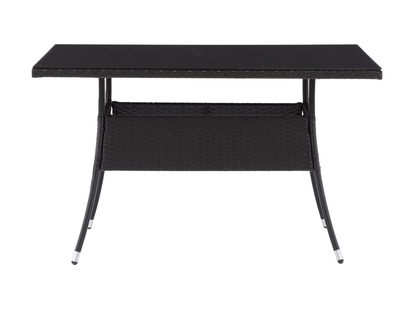 Gray wicker patio dining set with six cushioned chairs, rectangular glass-top table, and weather-resistant materials, perfect for outdoor dining and entertaining.