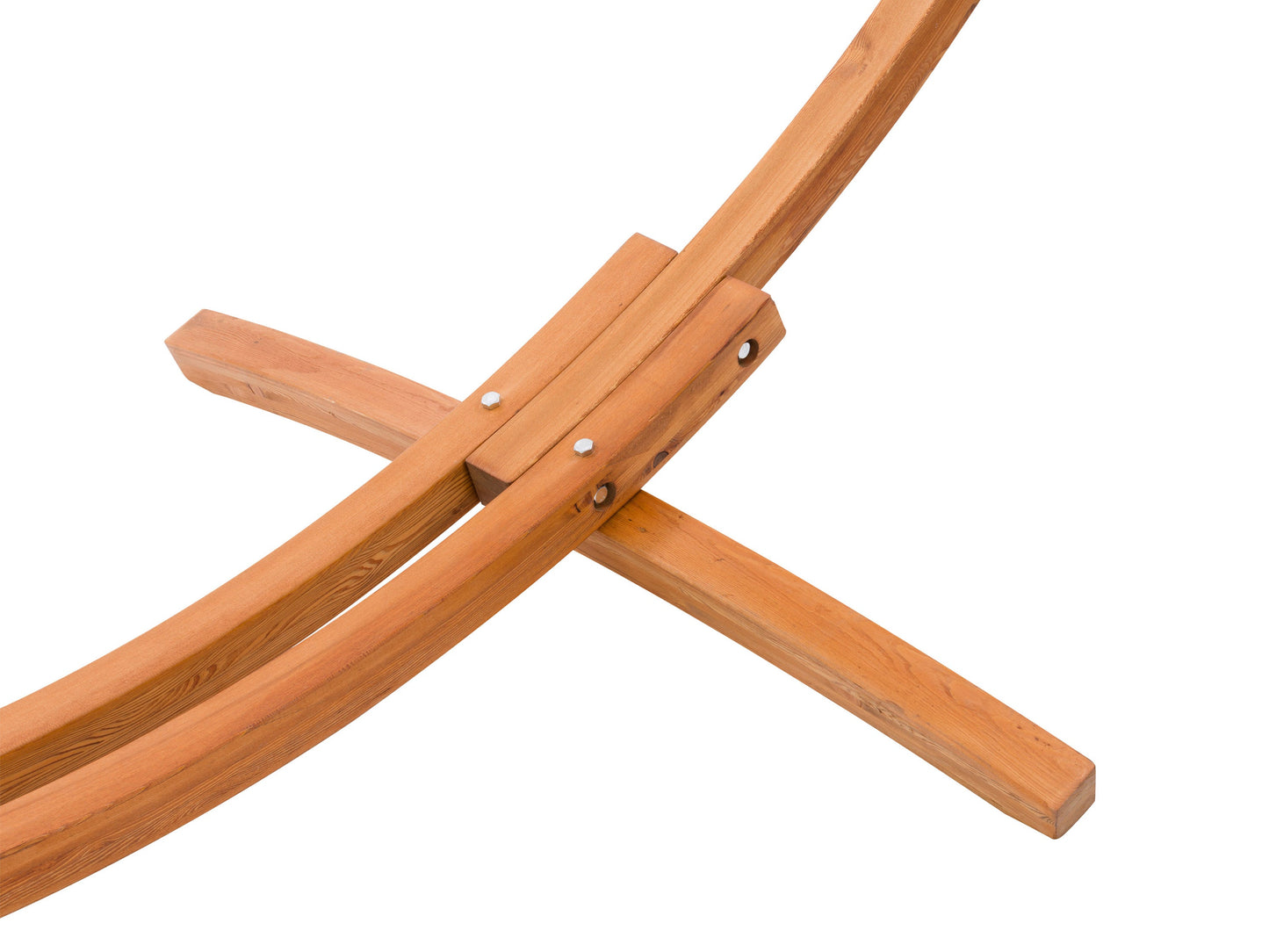 Orange patio hammock with sturdy wooden stand, featuring a woven fabric texture and curved wood frame, perfect for outdoor relaxation.