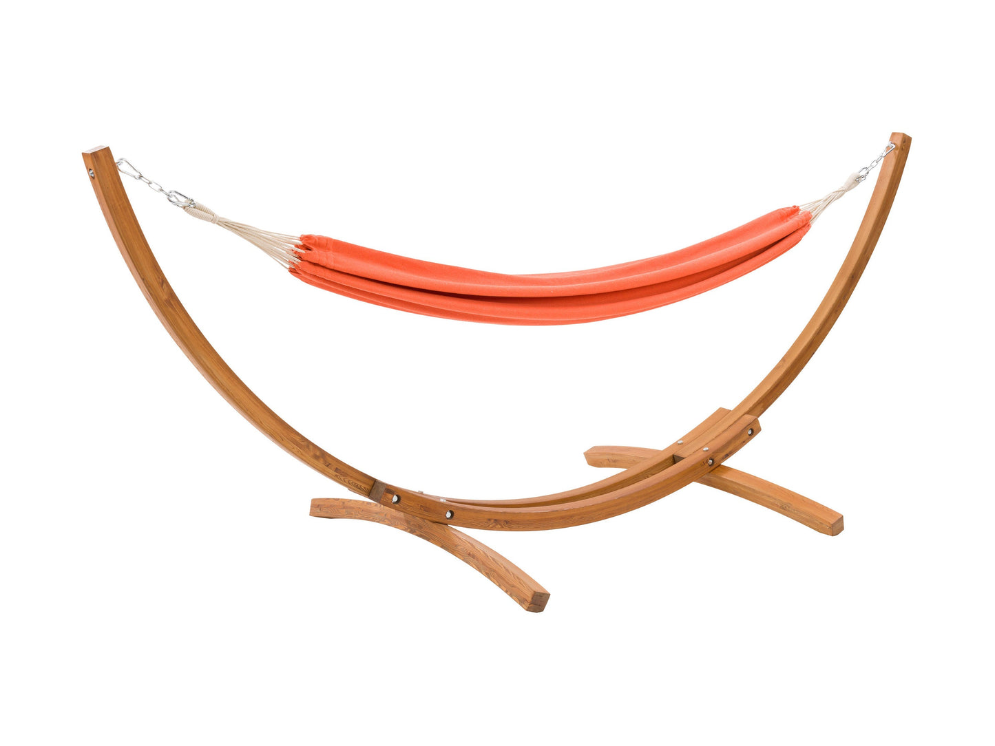 Orange patio hammock with sturdy wooden stand, featuring a woven fabric texture and curved wood frame, perfect for outdoor relaxation.
