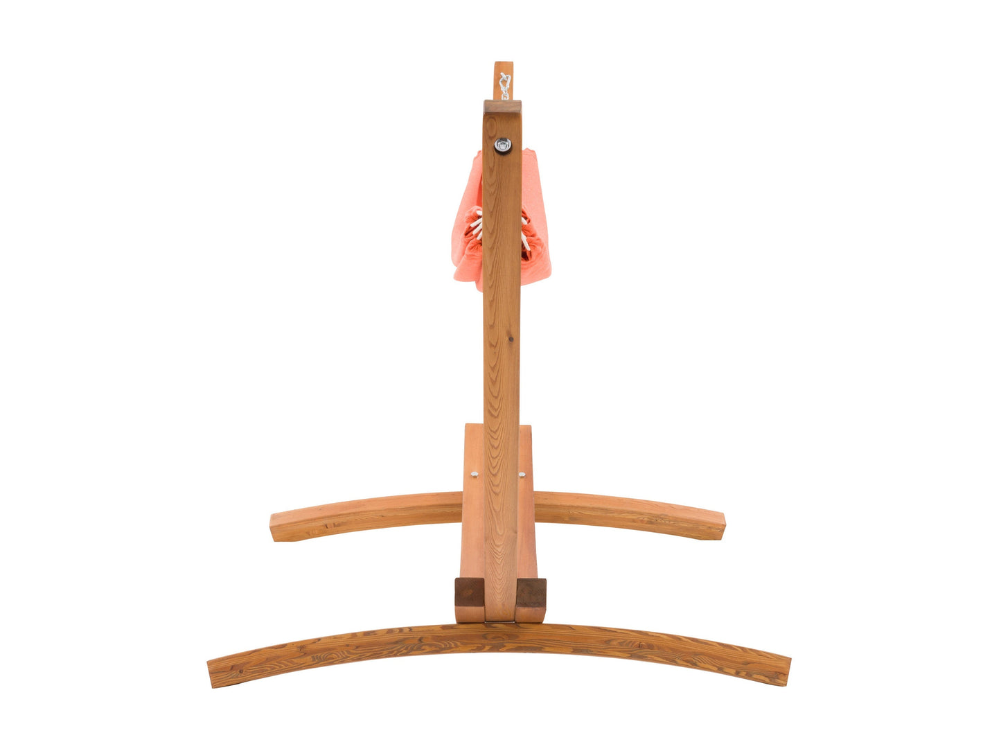 Orange patio hammock with sturdy wooden stand, featuring a woven fabric texture and curved wood frame, perfect for outdoor relaxation.