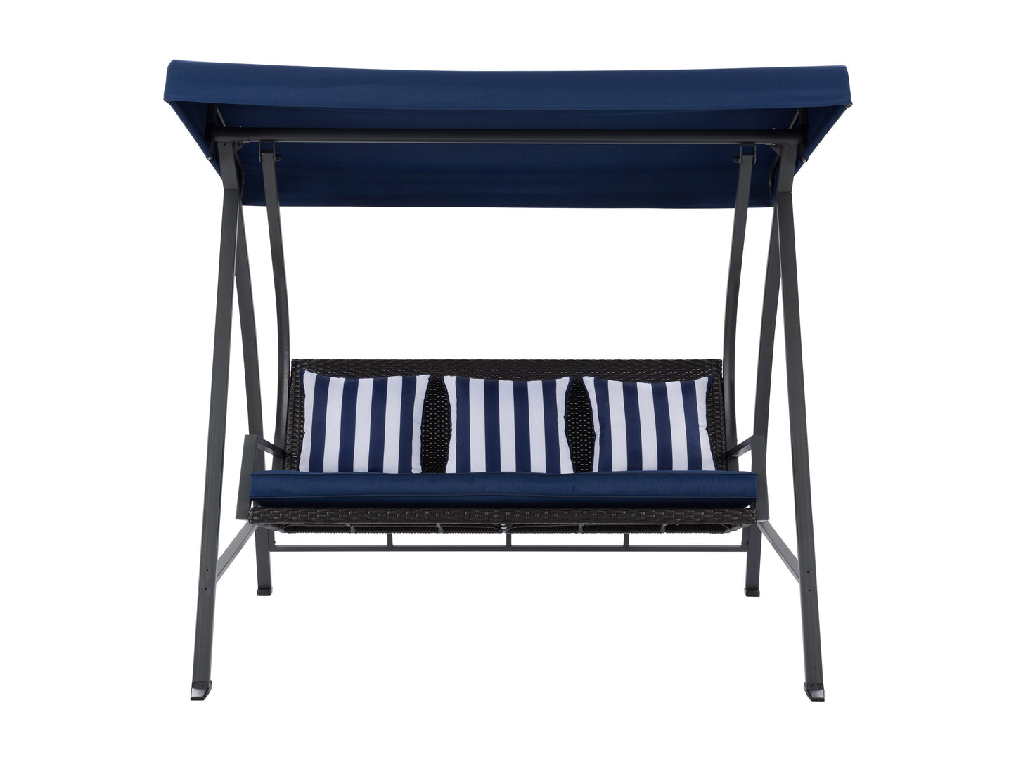 Navy blue patio swing with canopy, cushioned seats, sturdy steel frame, and adjustable sunshade. Ideal for outdoor relaxation and garden decor.