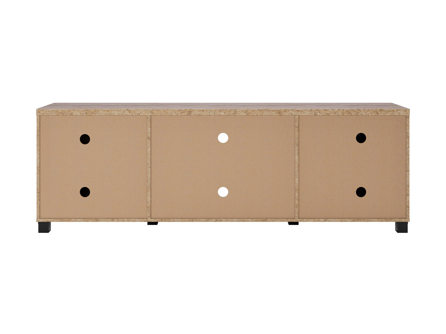 Brown wooden TV stand with doors, suitable for TVs up to 85 inches. Features a sleek design with ample storage space, including two cabinets and open shelving, perfect for living room organization.