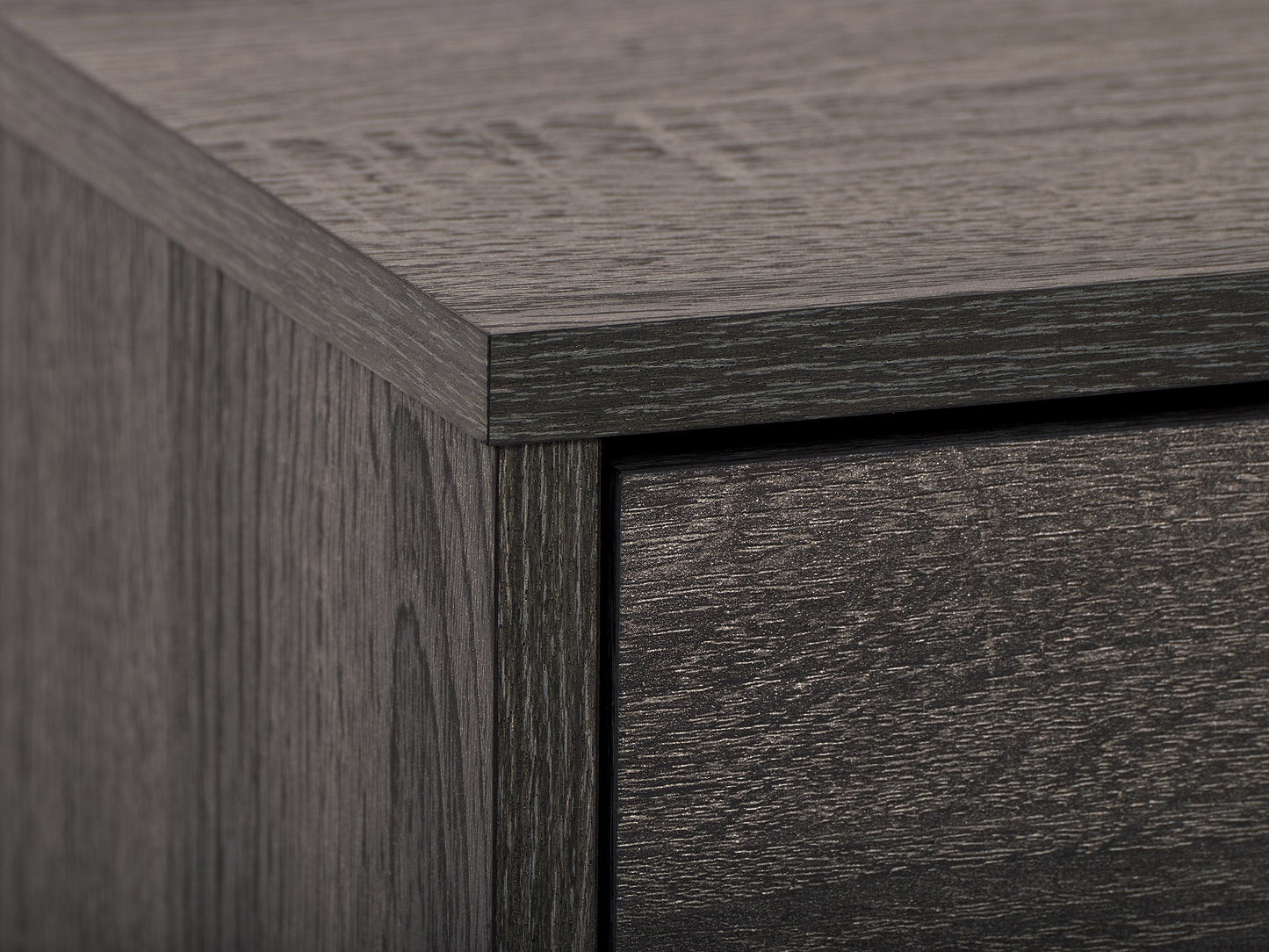 Dark grey TV stand with cabinet storage, suitable for TVs up to 85 inches, featuring sleek lines, modern design, and ample storage space with multiple compartments and shelves.