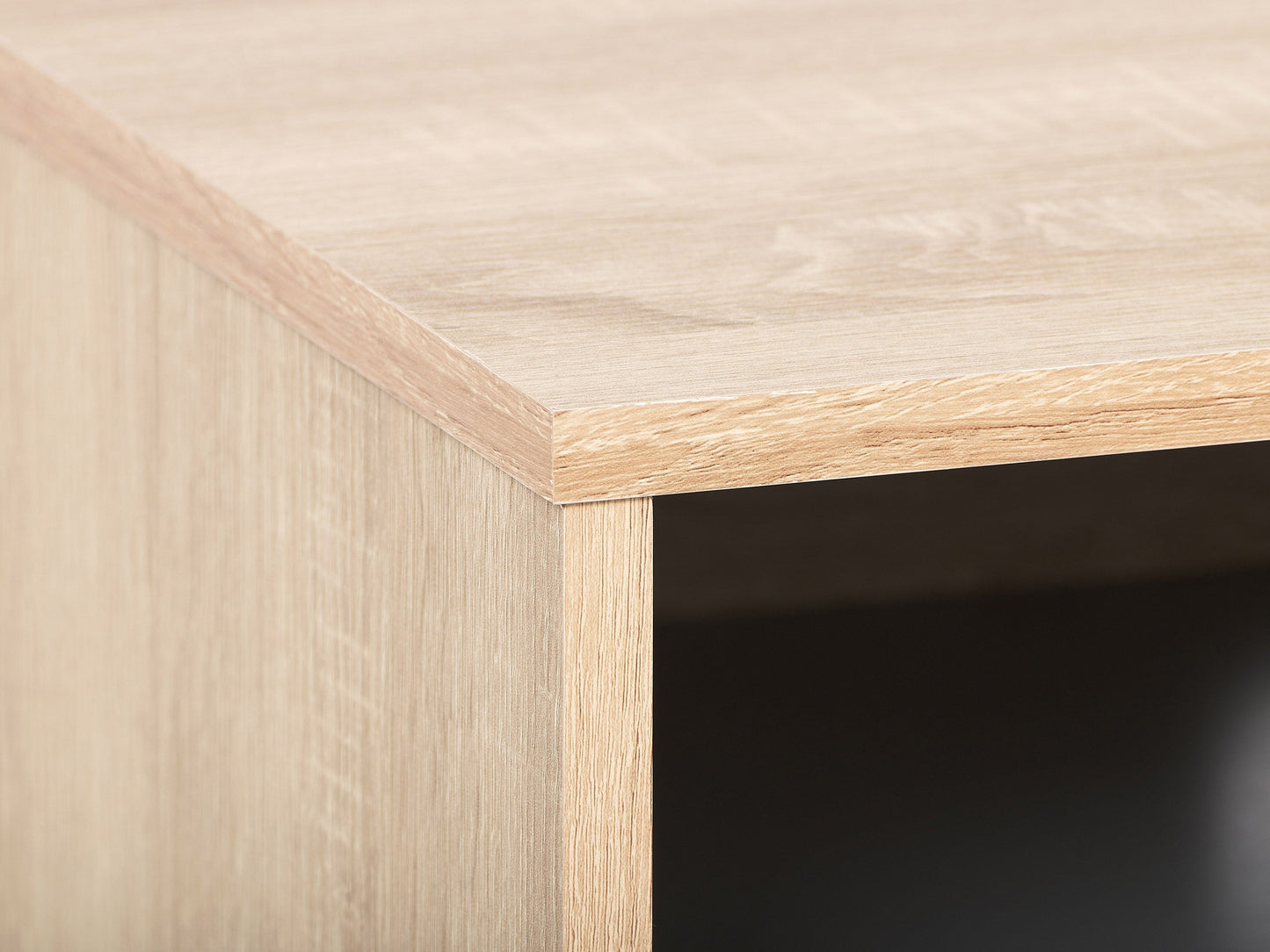 Light wood and grey TV stand with open shelves, suitable for TVs up to 85 inches. Modern design with ample storage space for media devices and accessories. Durable materials and sleek finish.