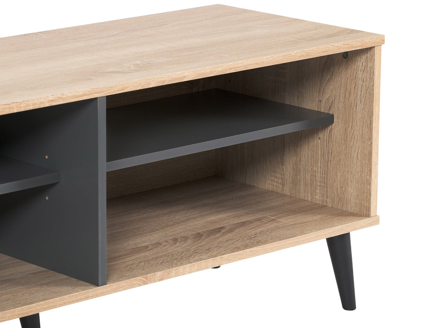 Light wood and grey TV stand with open shelves, suitable for TVs up to 85 inches. Modern design with ample storage space for media devices and accessories. Durable materials and sleek finish.