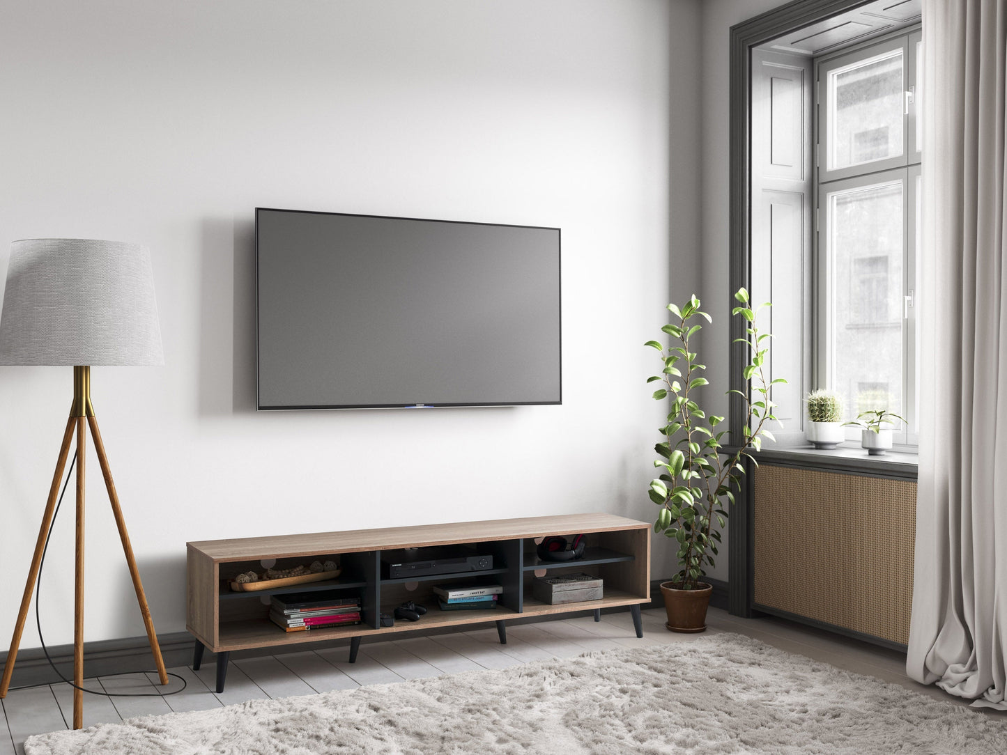 Light wood and grey TV stand with open shelves, suitable for TVs up to 85 inches. Modern design with ample storage space for media devices and accessories. Durable materials and sleek finish.