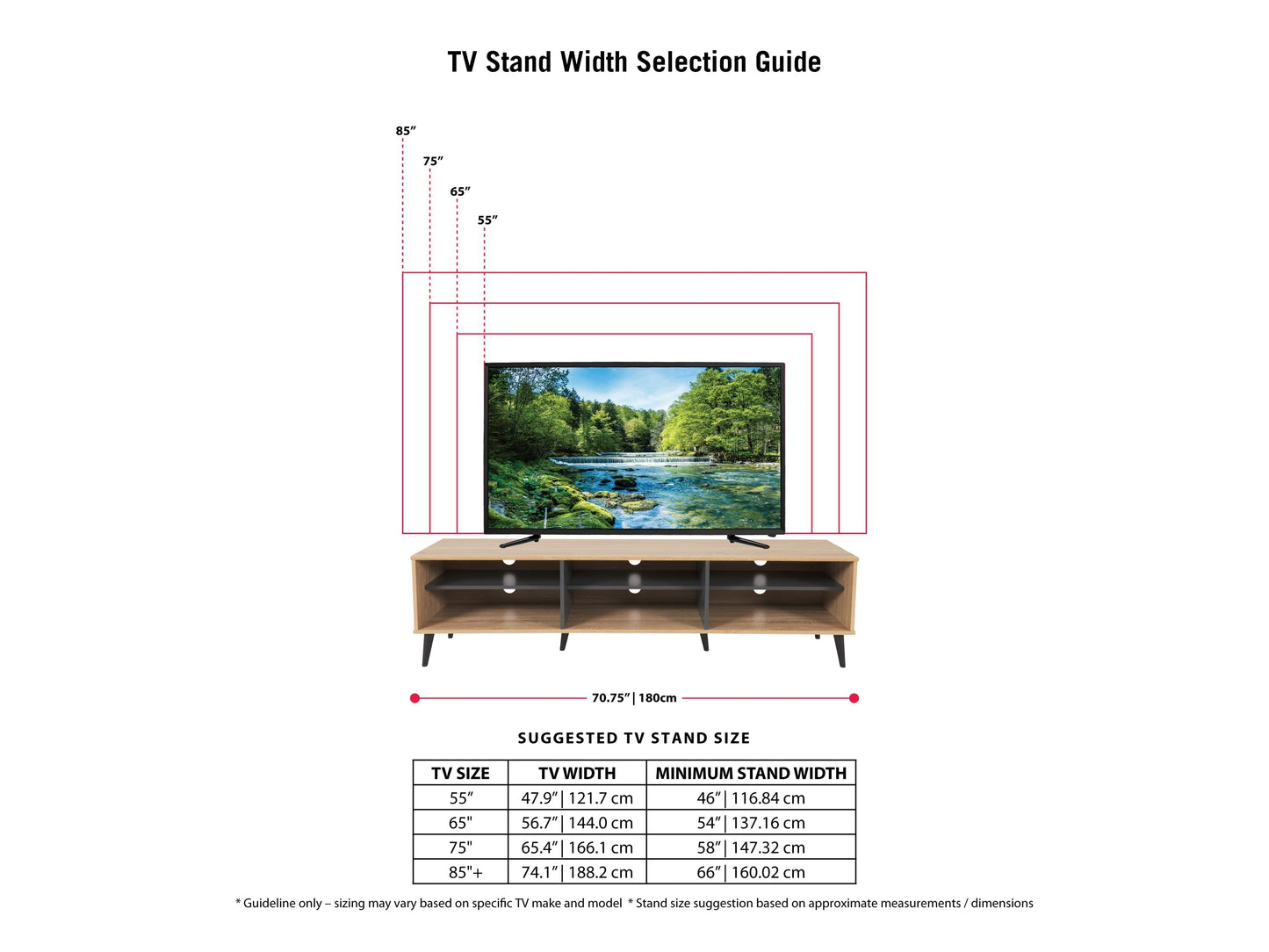Light wood and grey TV stand with open shelves, suitable for TVs up to 85 inches. Modern design with ample storage space for media devices and accessories. Durable materials and sleek finish.