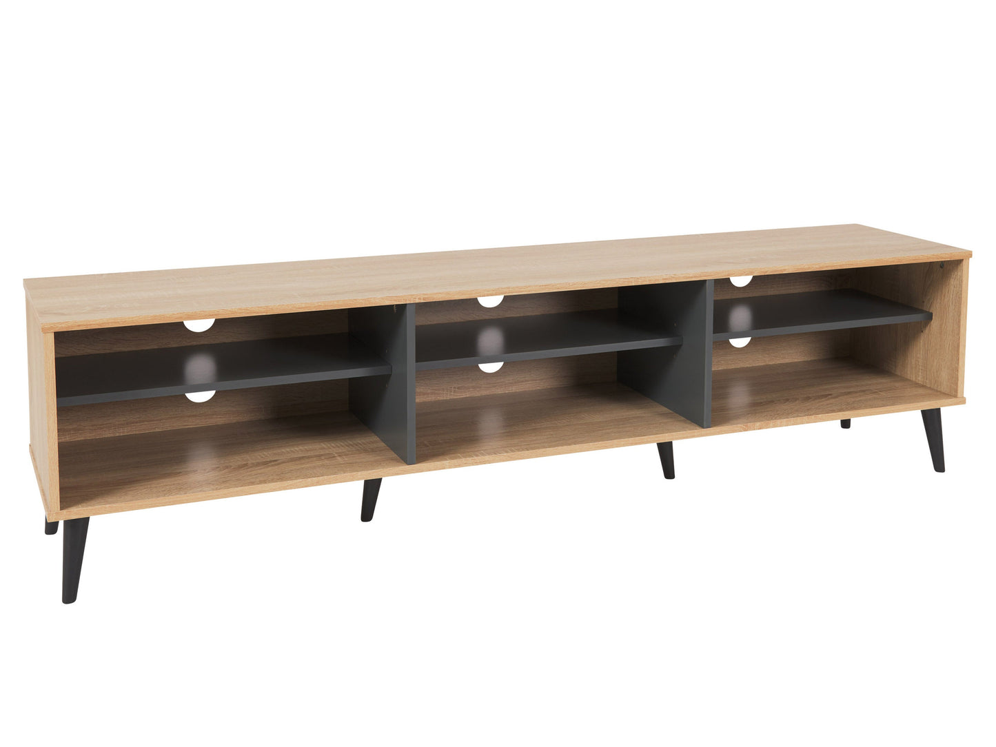 Light wood and grey TV stand with open shelves, suitable for TVs up to 85 inches. Modern design with ample storage space for media devices and accessories. Durable materials and sleek finish.