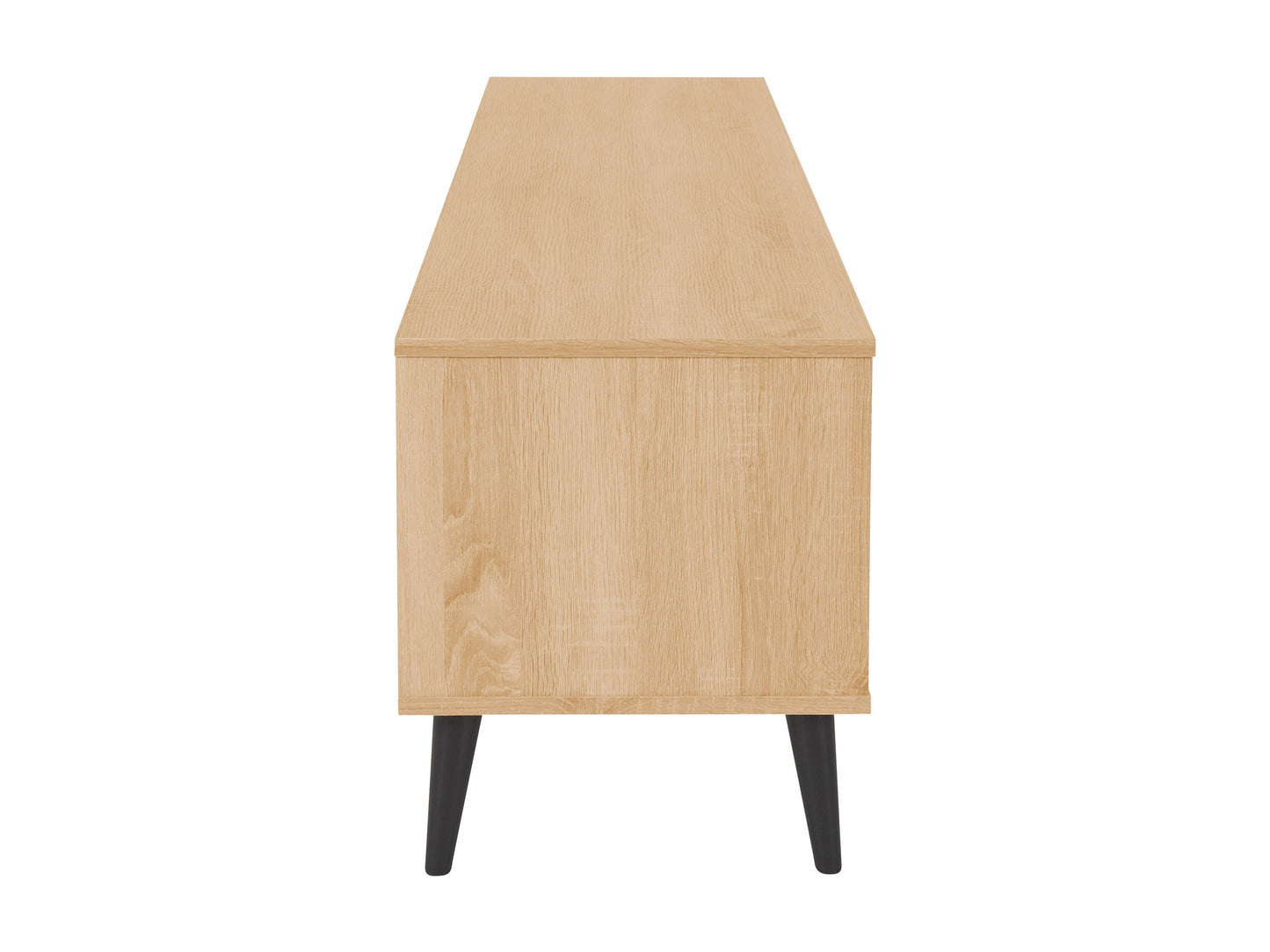 Light wood and grey TV stand with open shelves, suitable for TVs up to 85 inches. Modern design with ample storage space for media devices and accessories. Durable materials and sleek finish.