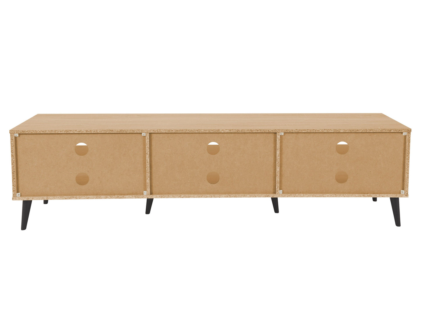 Light wood and grey TV stand with open shelves, suitable for TVs up to 85 inches. Modern design with ample storage space for media devices and accessories. Durable materials and sleek finish.