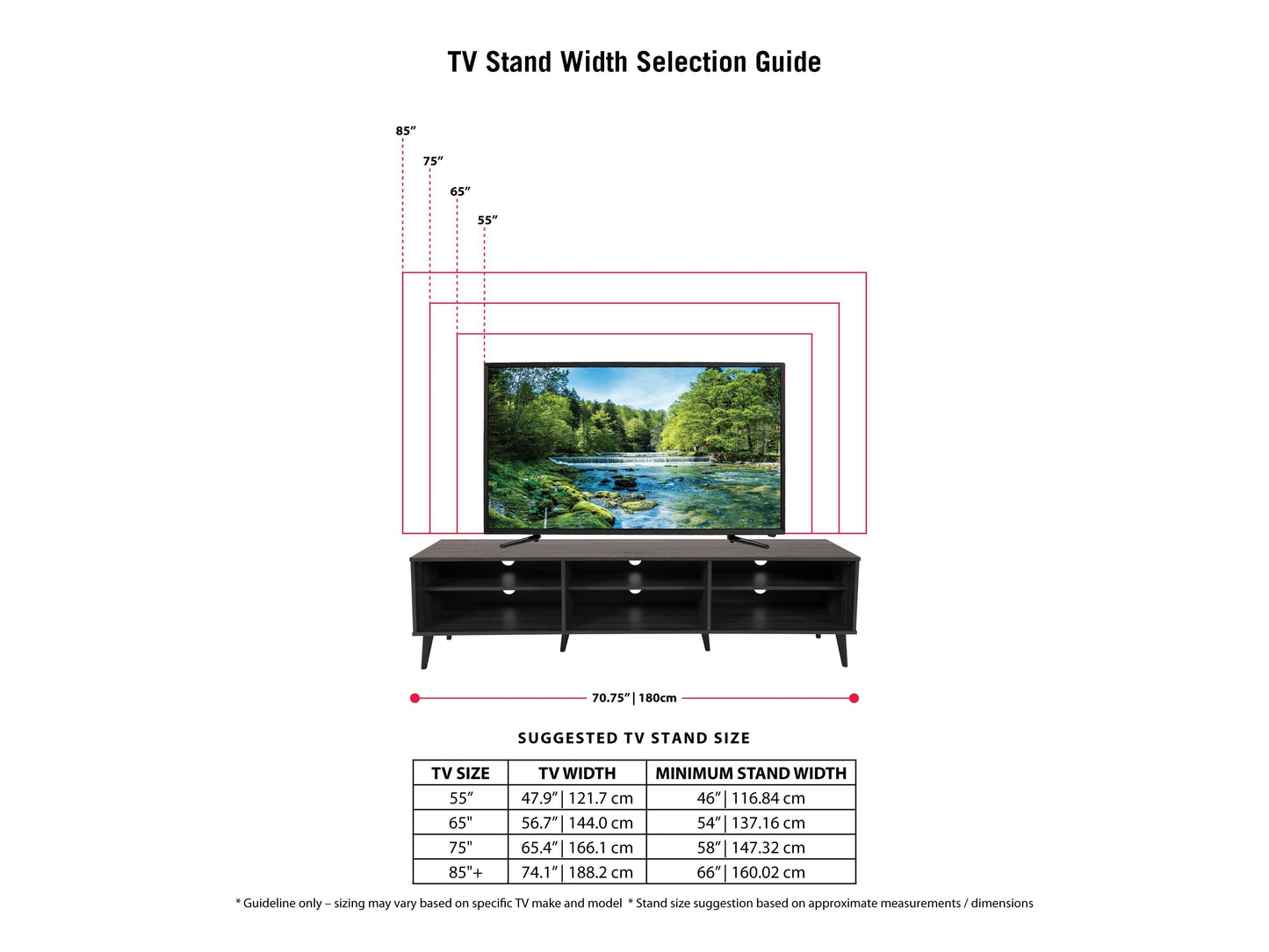 Dark grey TV bench with open shelves, suitable for TVs up to 85 inches. Features sleek, modern design with ample storage space for media devices, books, and decor. Durable wood construction with smooth finish.