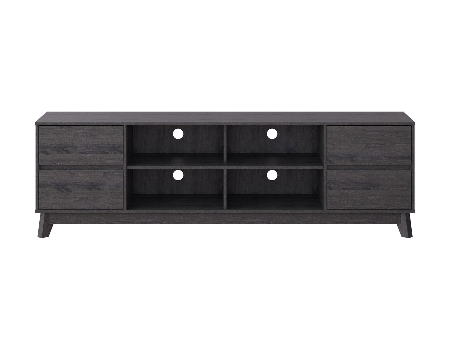 Grey modern TV stand for TVs up to 85 inches, featuring sleek lines, minimalist design, and ample storage with open shelves and cabinets. Made from durable wood with a smooth finish, perfect for contemporary living rooms.