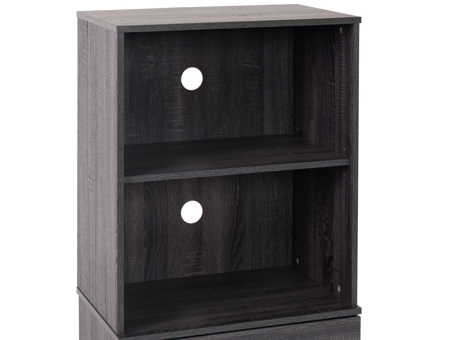 Dark wood media cabinet with two glass doors, adjustable shelves, and sleek metal handles. Ideal for organizing electronics, books, and decor. Modern design with a rich walnut finish. Perfect for living rooms and media centers.