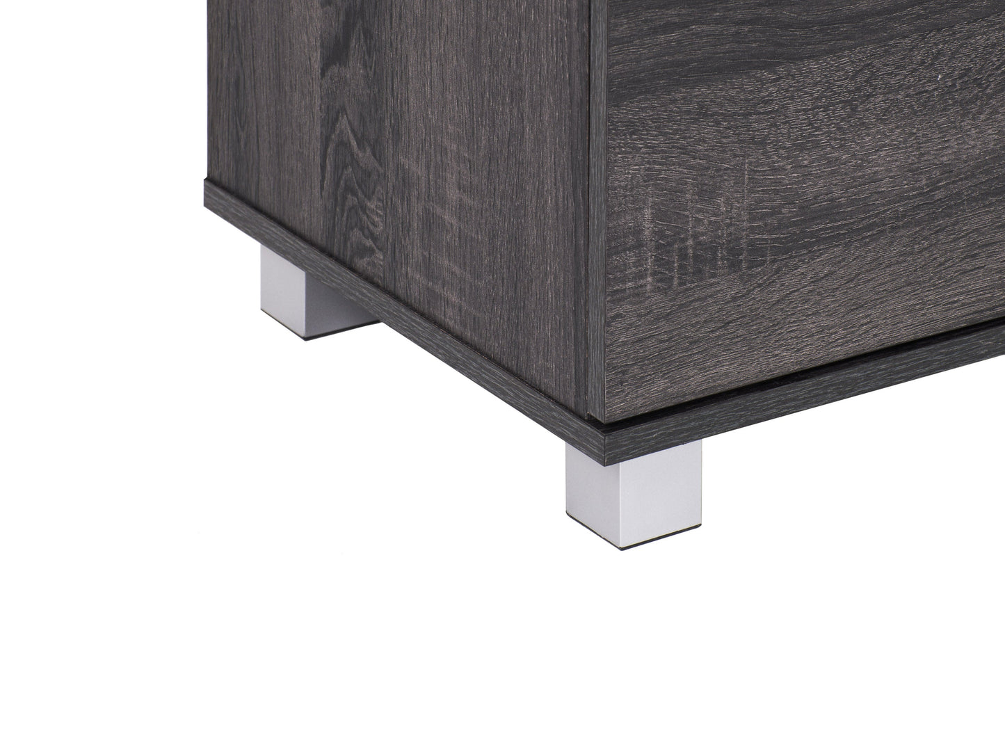 Dark wood media cabinet with two glass doors, adjustable shelves, and sleek metal handles. Ideal for organizing electronics, books, and decor. Modern design with a rich walnut finish. Perfect for living rooms and media centers.