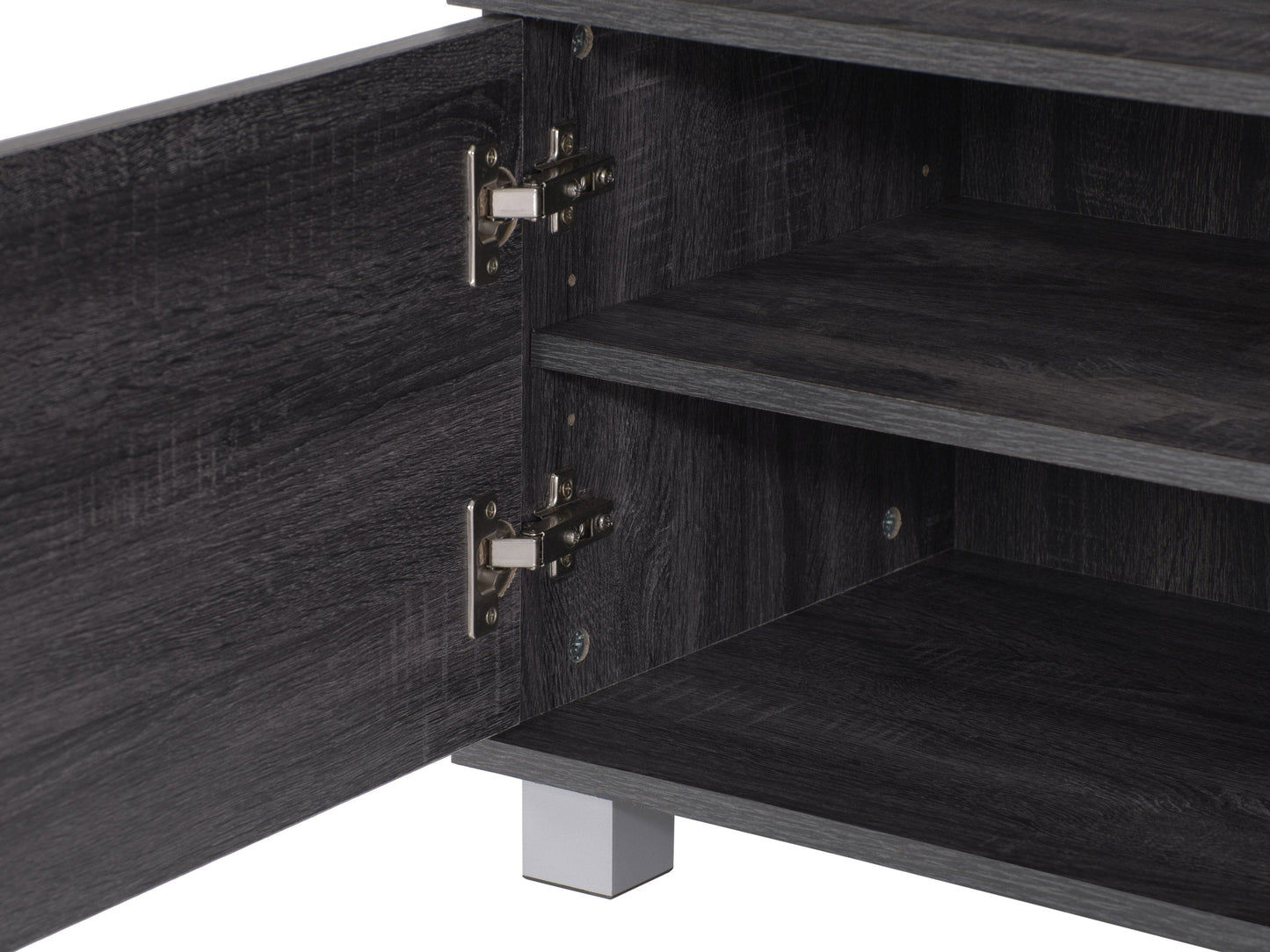 Dark wood media cabinet with two glass doors, adjustable shelves, and sleek metal handles. Ideal for organizing electronics, books, and decor. Modern design with a rich walnut finish. Perfect for living rooms and media centers.