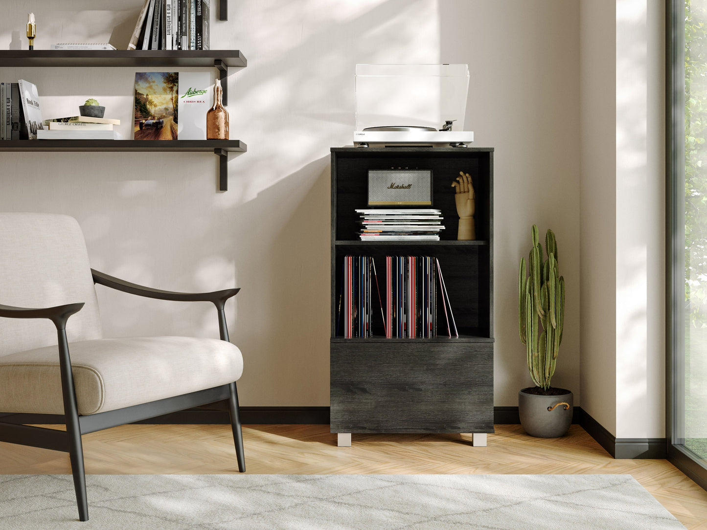 Dark wood media cabinet with two glass doors, adjustable shelves, and sleek metal handles. Ideal for organizing electronics, books, and decor. Modern design with a rich walnut finish. Perfect for living rooms and media centers.