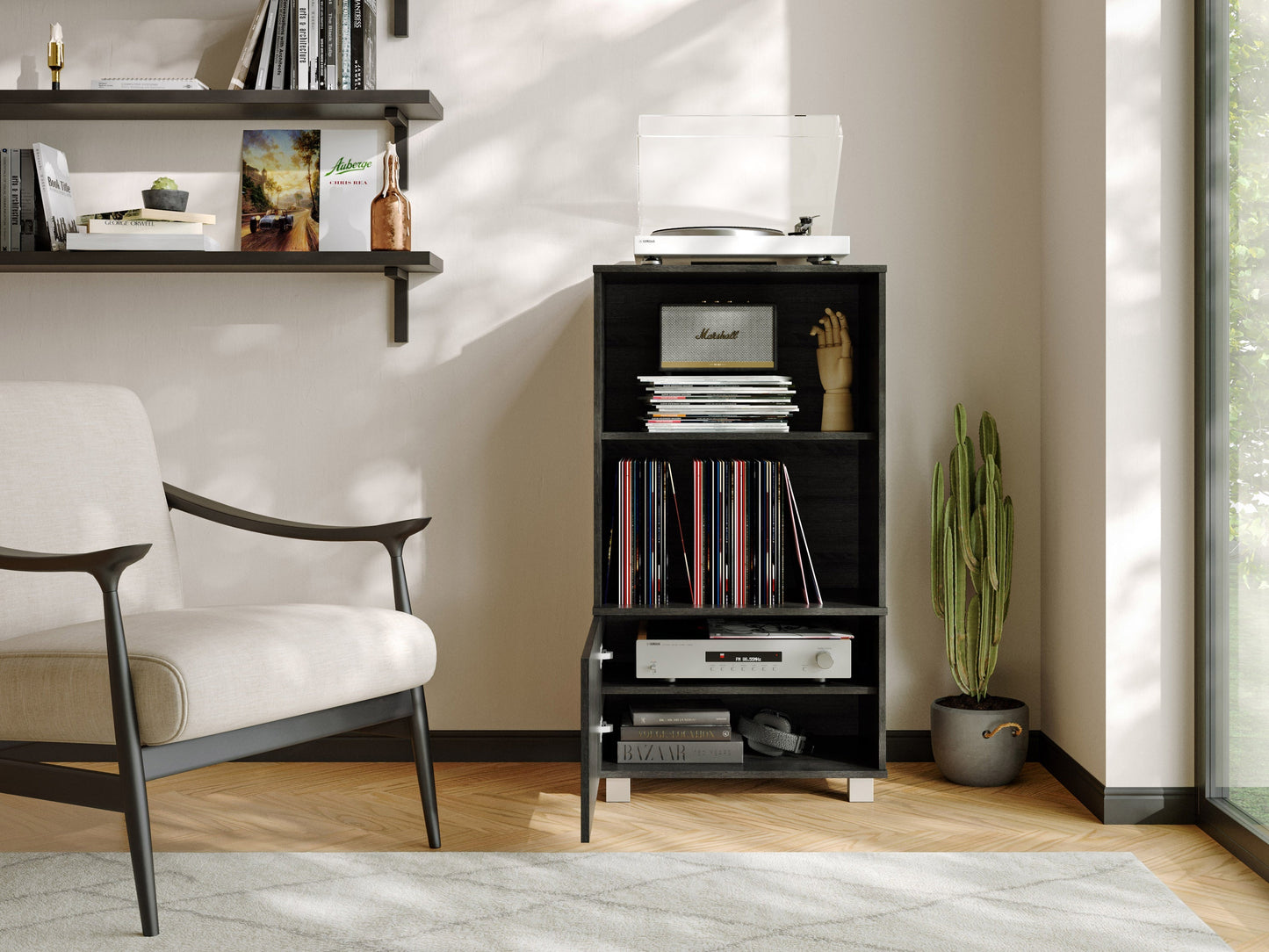 Dark wood media cabinet with two glass doors, adjustable shelves, and sleek metal handles. Ideal for organizing electronics, books, and decor. Modern design with a rich walnut finish. Perfect for living rooms and media centers.