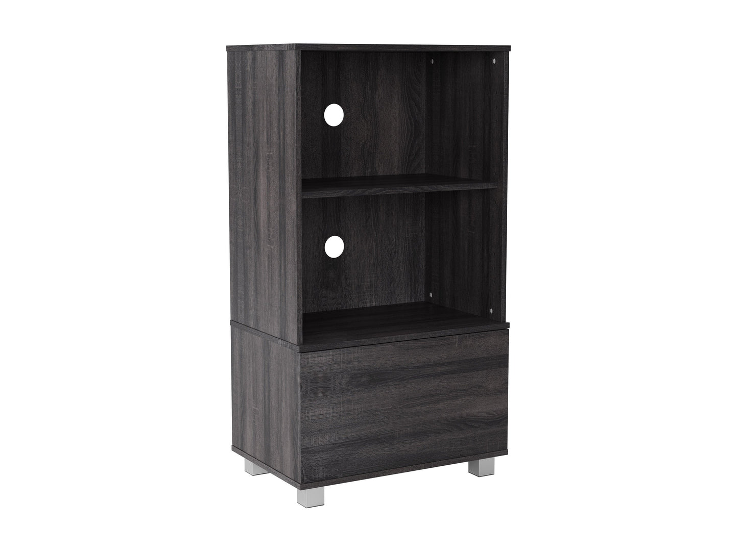 Dark wood media cabinet with two glass doors, adjustable shelves, and sleek metal handles. Ideal for organizing electronics, books, and decor. Modern design with a rich walnut finish. Perfect for living rooms and media centers.