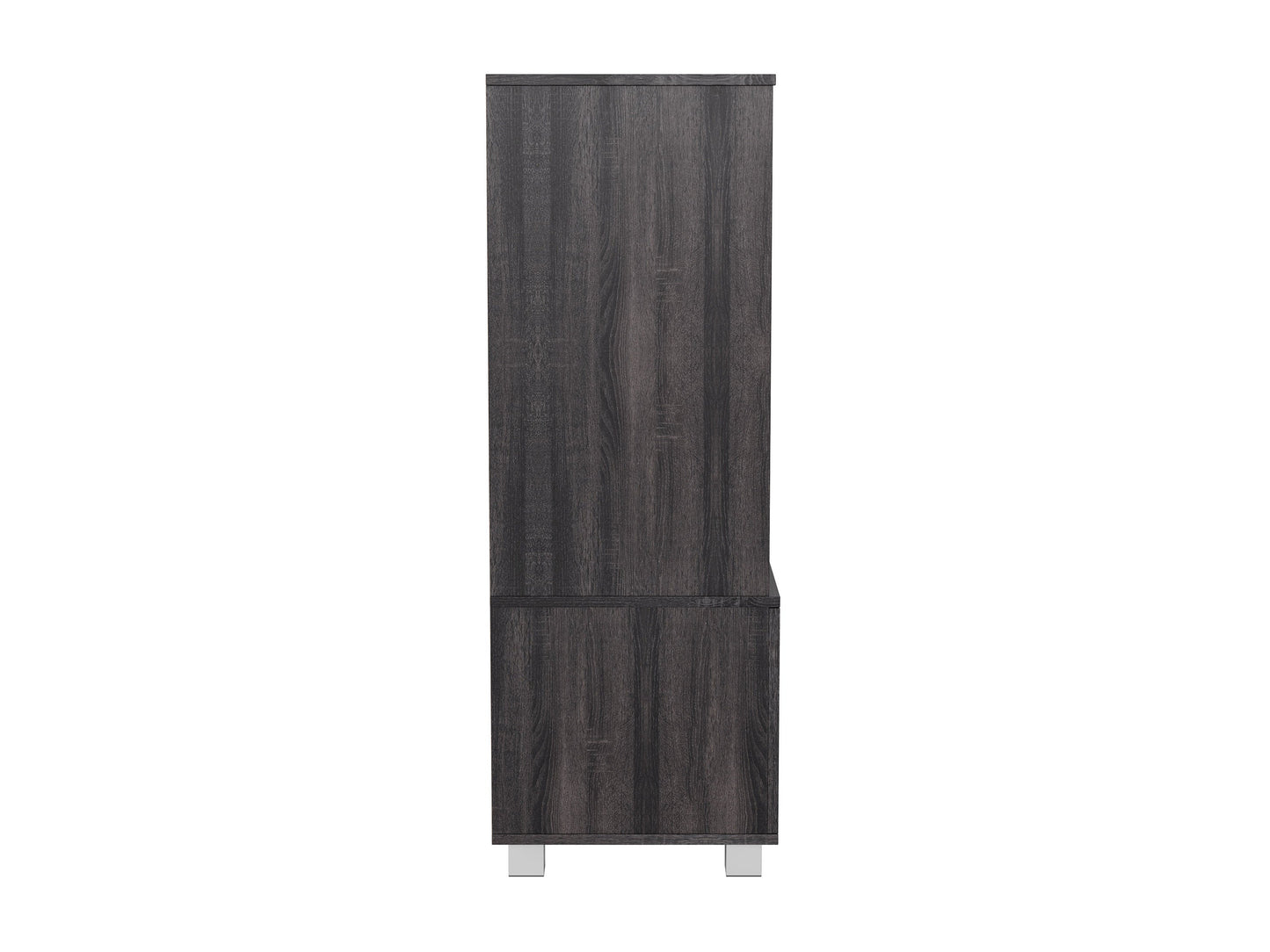 Dark wood media cabinet with two glass doors, adjustable shelves, and sleek metal handles. Ideal for organizing electronics, books, and decor. Modern design with a rich walnut finish. Perfect for living rooms and media centers.