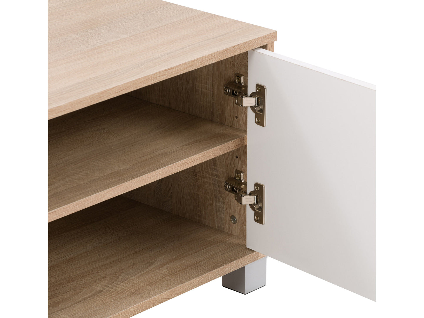 Brown and white modern TV stand with sleek design, accommodates TVs up to 85 inches, features open shelving, and minimalist metal legs.