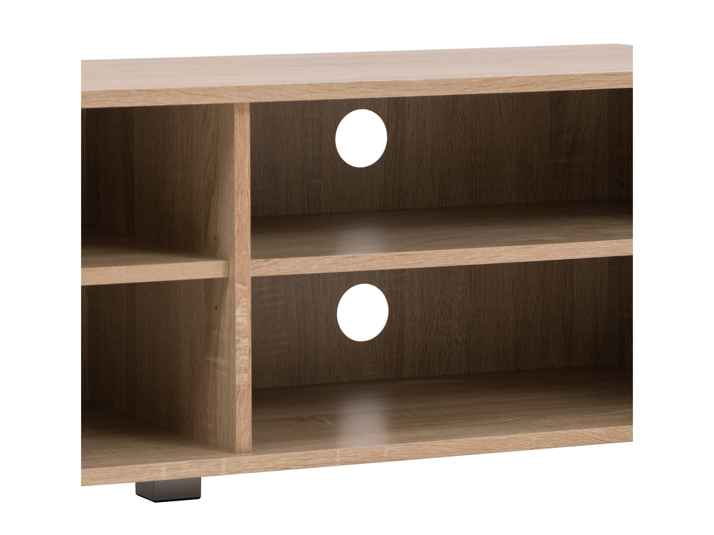 Brown and white modern TV stand with sleek design, accommodates TVs up to 85 inches, features open shelving, and minimalist metal legs.
