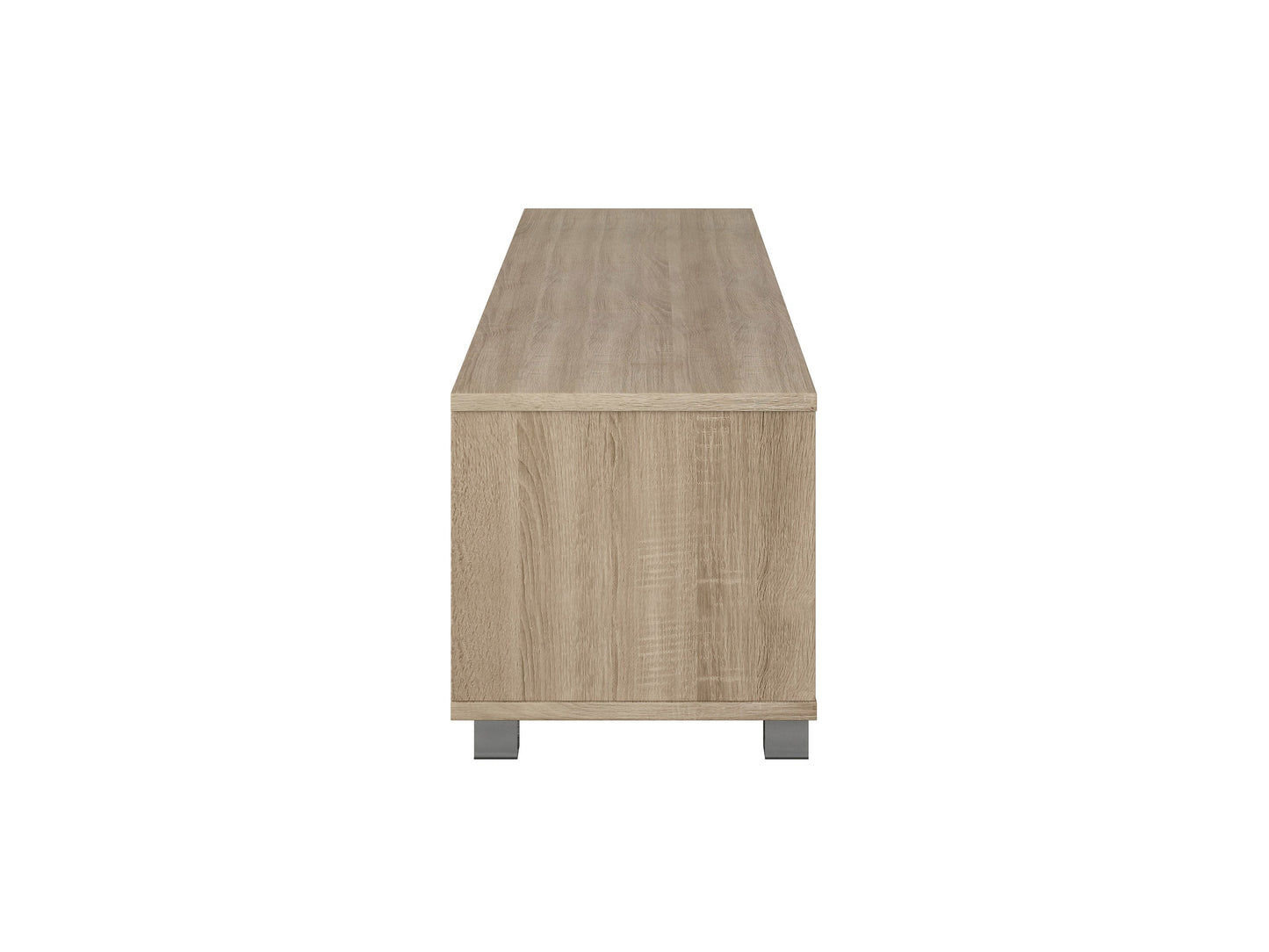 Brown and white modern TV stand with sleek design, accommodates TVs up to 85 inches, features open shelving, and minimalist metal legs.