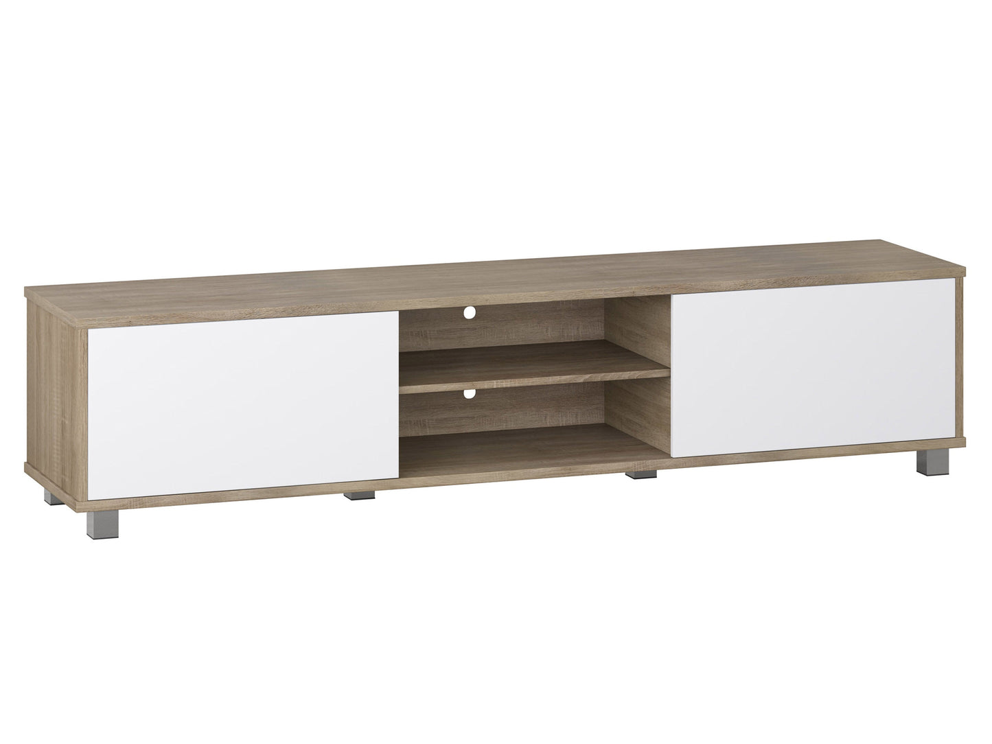 Brown and white modern TV stand with sleek design, accommodates TVs up to 85 inches, features open shelving, and minimalist metal legs.