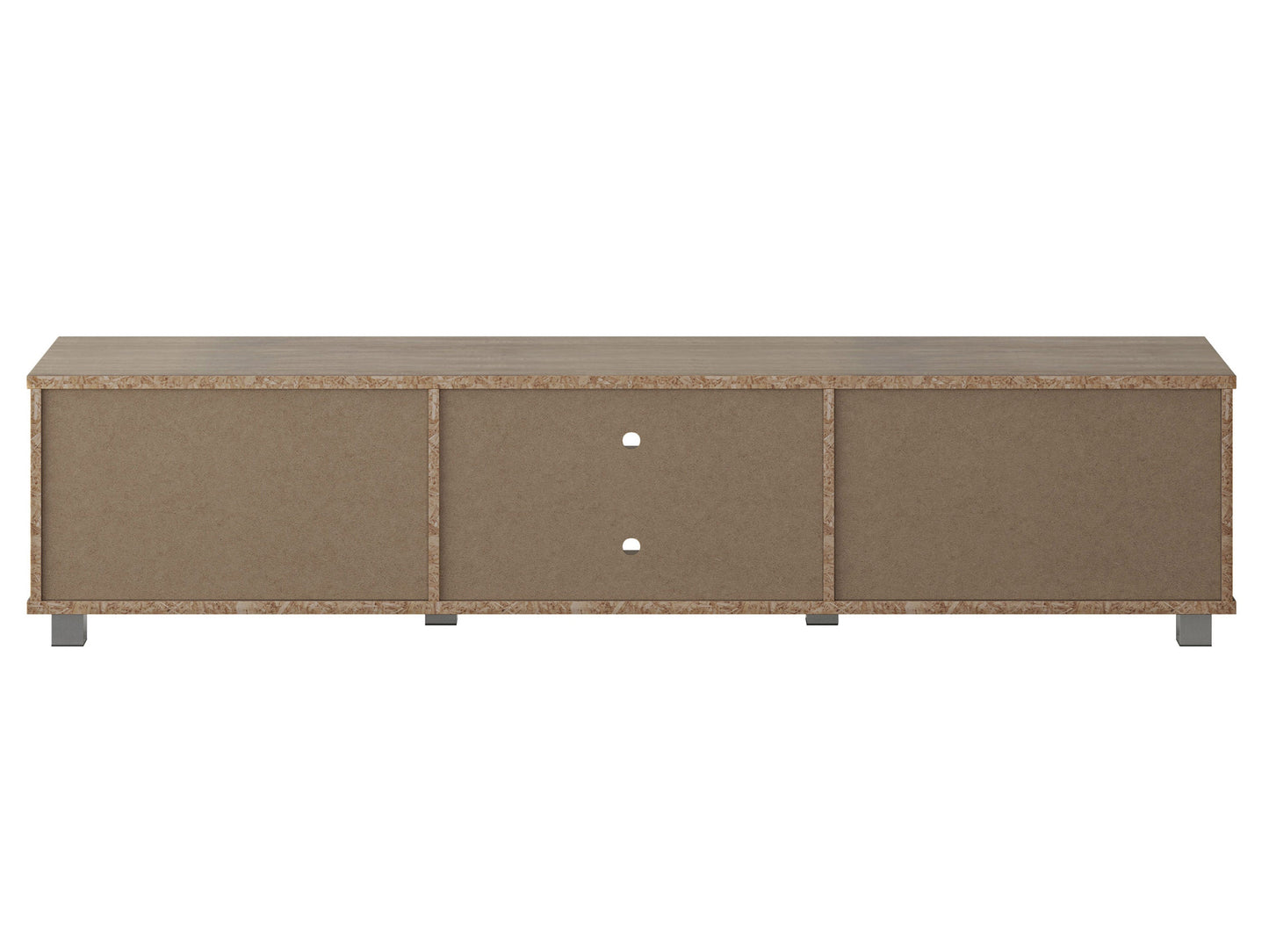 Brown and white modern TV stand with sleek design, accommodates TVs up to 85 inches, features open shelving, and minimalist metal legs.