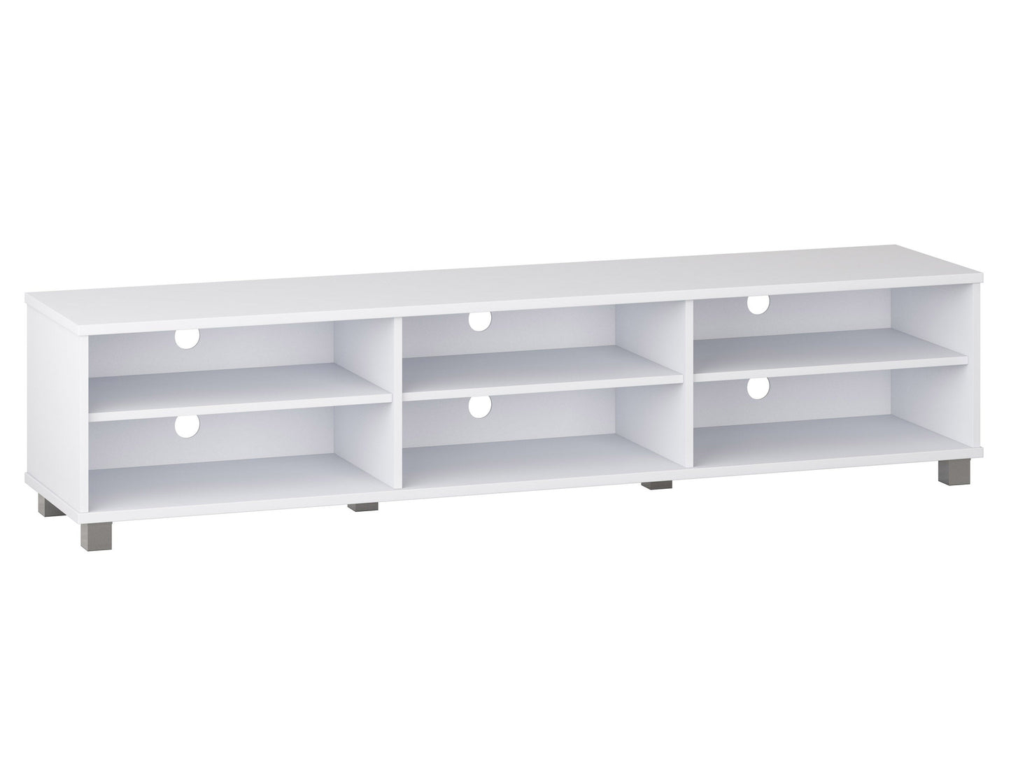 White modern TV stand for TVs up to 85 inches, featuring sleek design, clean lines, and spacious storage shelves. Made of durable materials with a glossy finish, perfect for contemporary living rooms.