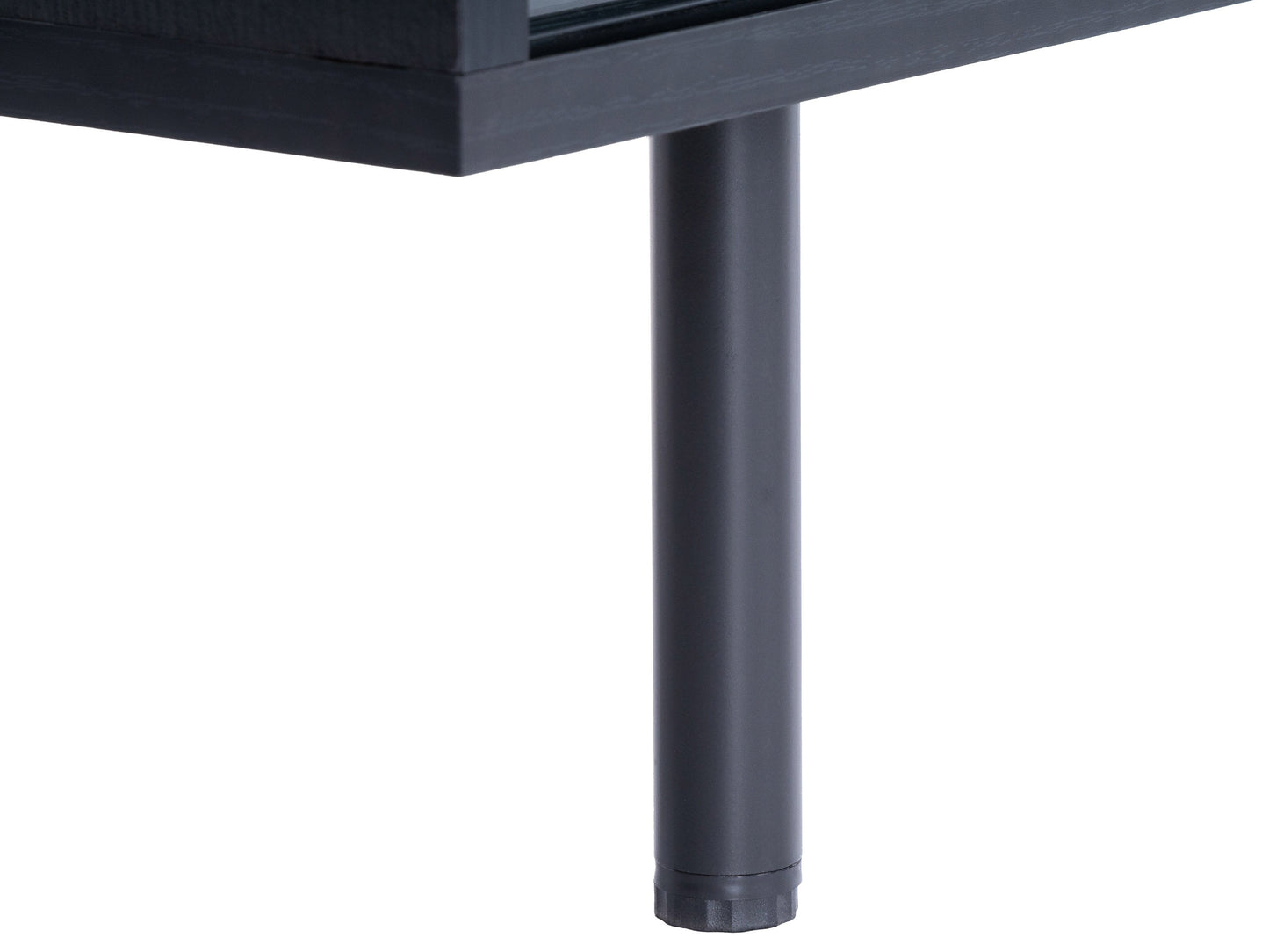 Modern modular TV stand in sleek black wood with adjustable shelves, cable management system, and sturdy metal legs, designed to support TVs up to 110 inches.