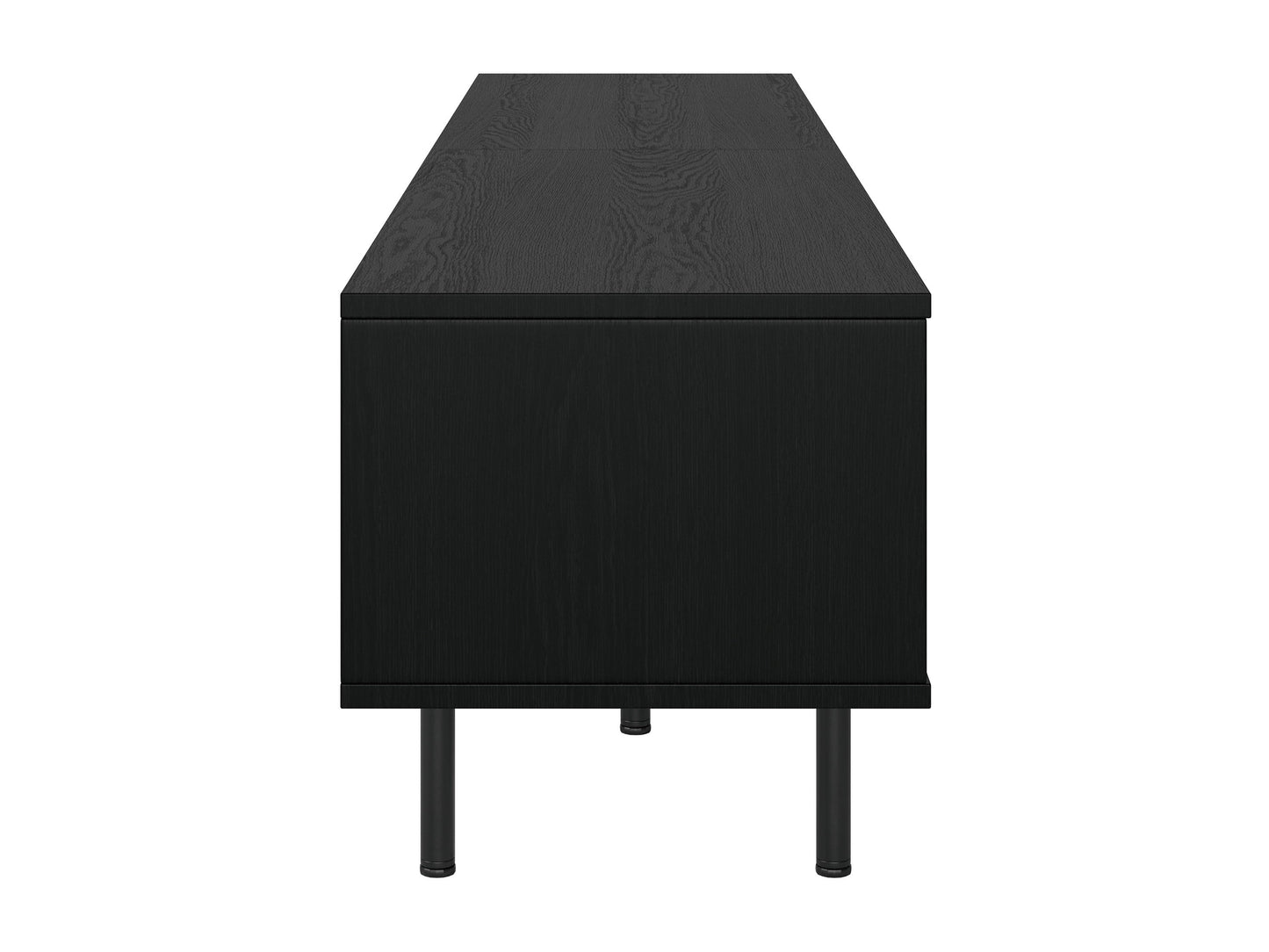 Modern modular TV stand in sleek black wood with adjustable shelves, cable management system, and sturdy metal legs, designed to support TVs up to 110 inches.