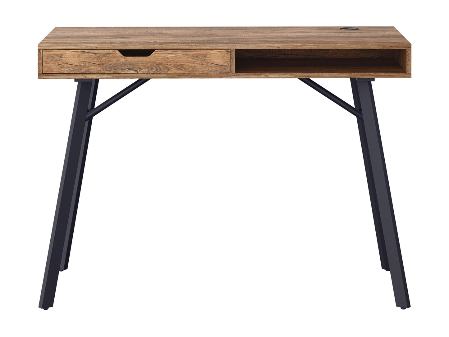 Natural wood desk with a smooth brown finish, featuring sleek metal legs, a spacious tabletop, and a minimalist design perfect for home office or study use.