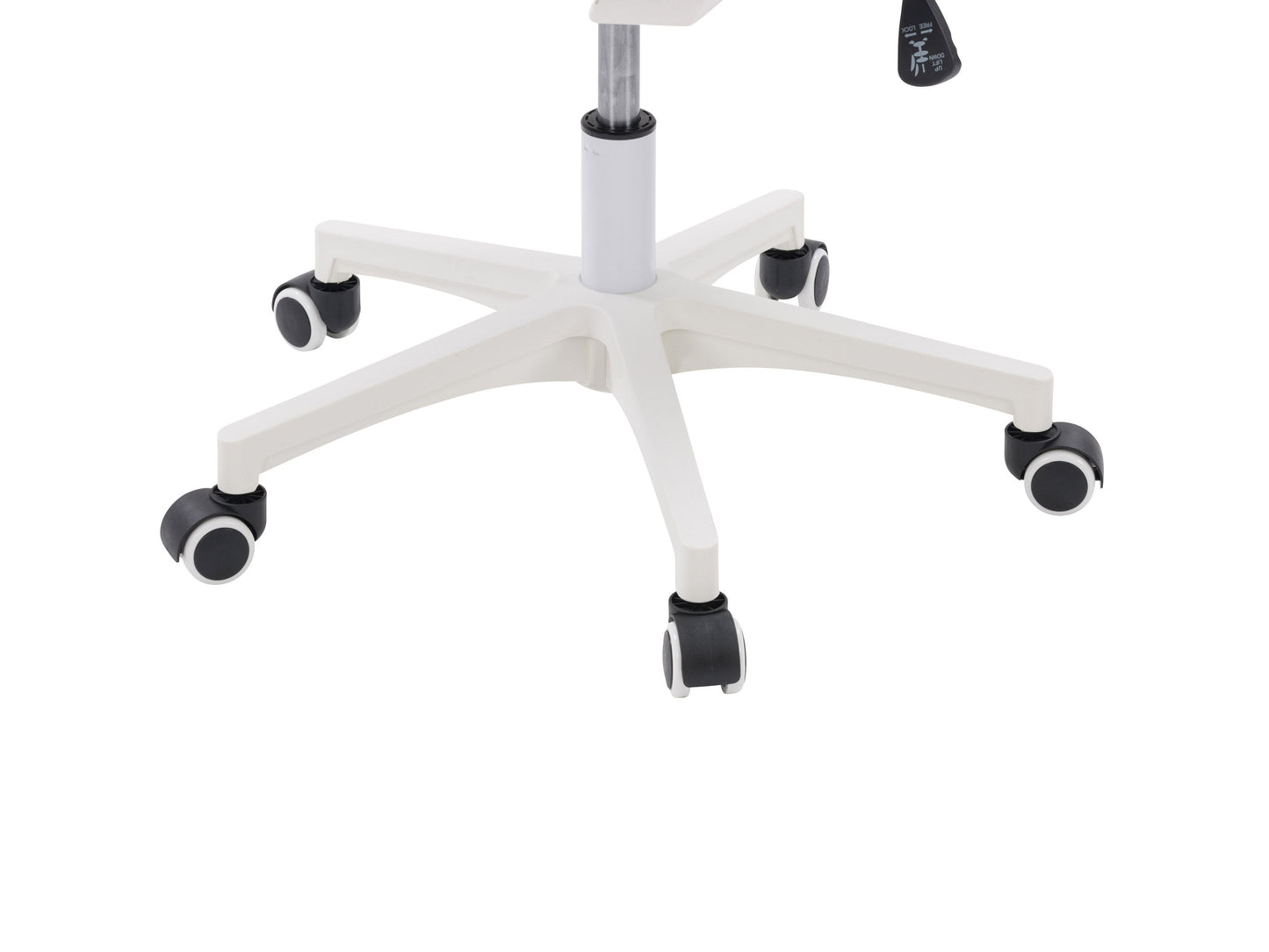 Ergonomic black mesh task chair with adjustable armrests, white frame, and lumbar support. Features breathable mesh back, cushioned seat, and swivel base with wheels for mobility. Ideal for home office use.