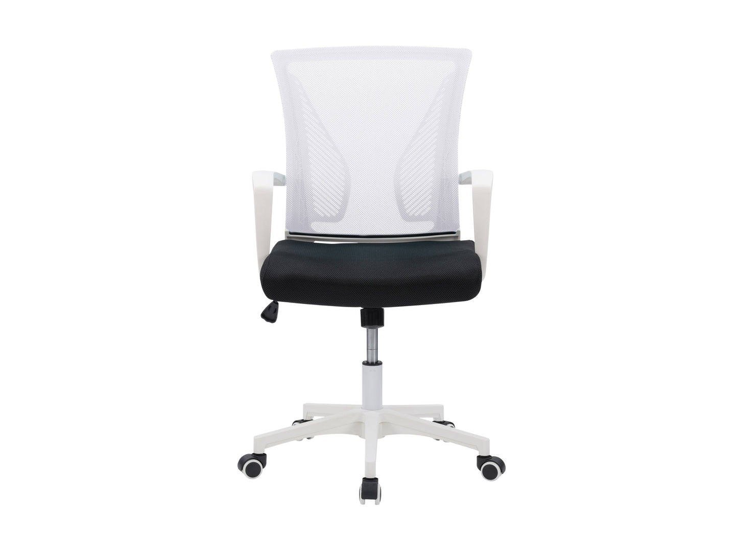 White mesh task chair with ergonomic design, adjustable armrests, and lumbar support. Features breathable mesh backrest, padded seat, and sleek chrome base with caster wheels ideal for office use.