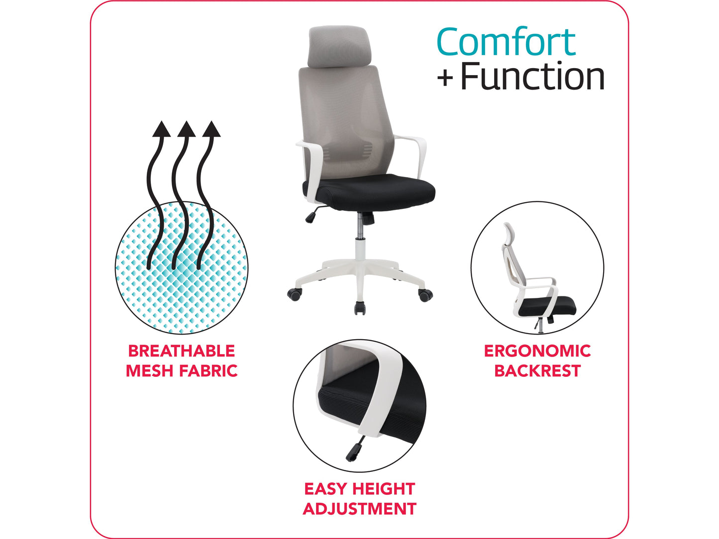 Grey and black high back office chair with ergonomic design, mesh backrest, cushioned seat, adjustable armrests, and swivel base. Perfect for home office or workspace, offering comfort and support.