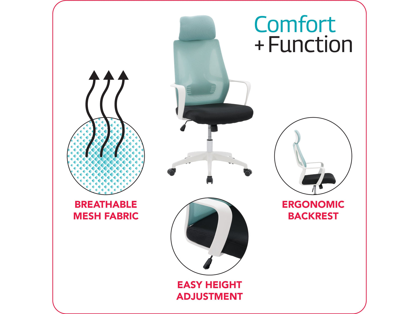 Teal and black high back office chair with ergonomic design, mesh backrest, padded seat, adjustable armrests, lumbar support, and swivel base, perfect for home or office use.
