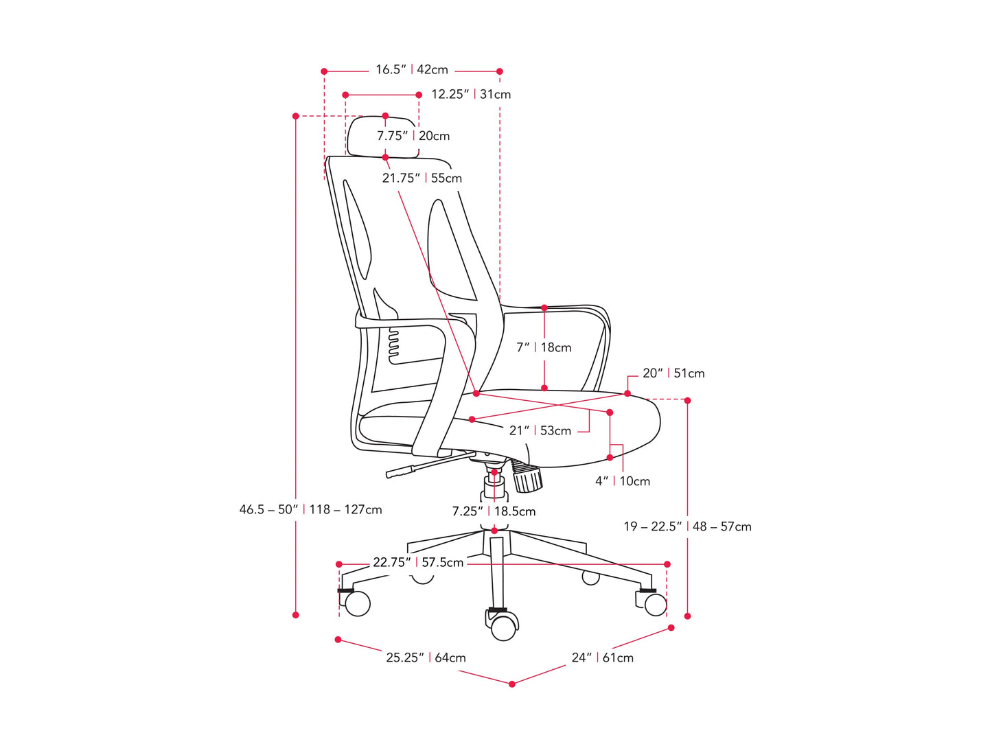 Pink high back office chair with ergonomic design, featuring a plush cushioned seat, adjustable armrests, and a breathable mesh backrest. Ideal for home offices or workspaces seeking comfort and style.