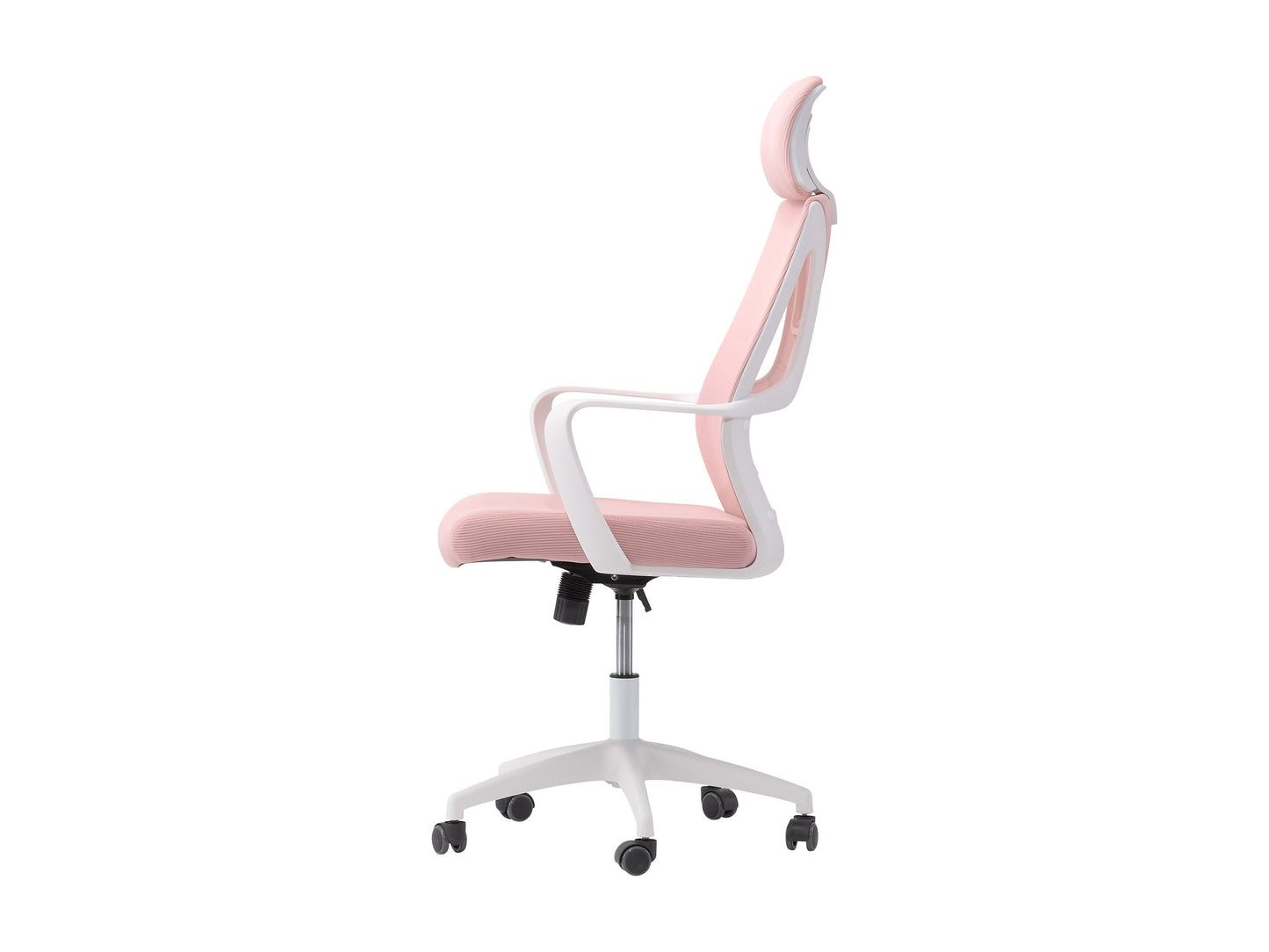 Pink high back office chair with ergonomic design, featuring a plush cushioned seat, adjustable armrests, and a breathable mesh backrest. Ideal for home offices or workspaces seeking comfort and style.