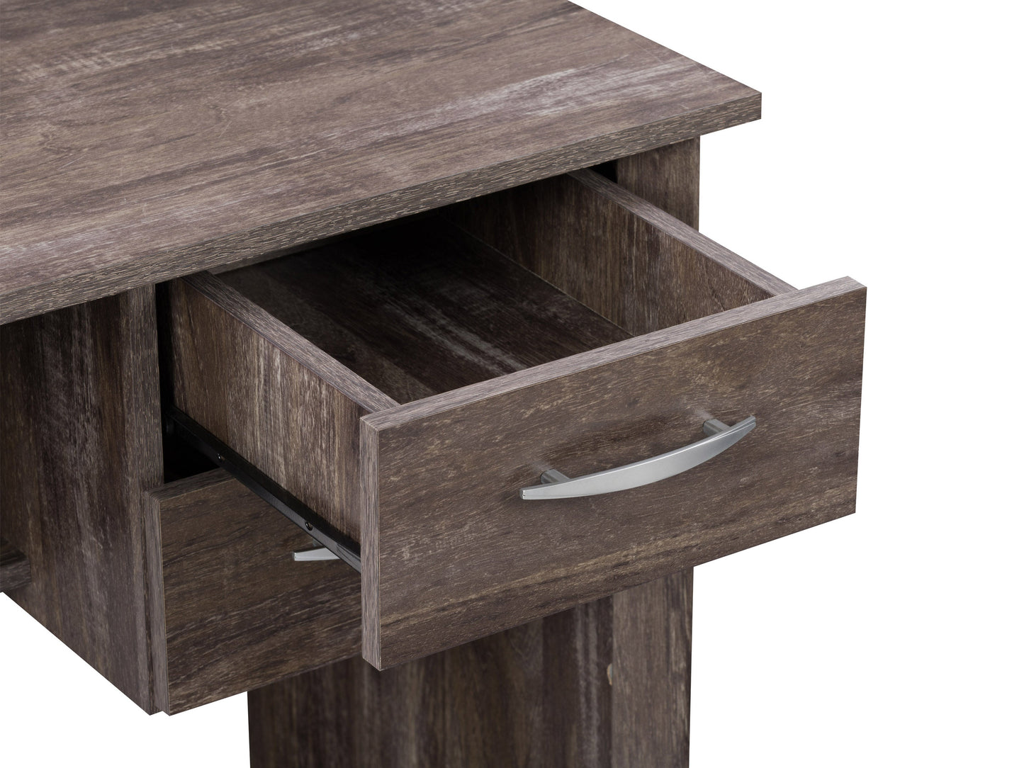 Brown wooden desk with three drawers on the right side, sleek metal handles, smooth finish, and sturdy legs. Ideal for home office or study, combining functionality with a classic design.