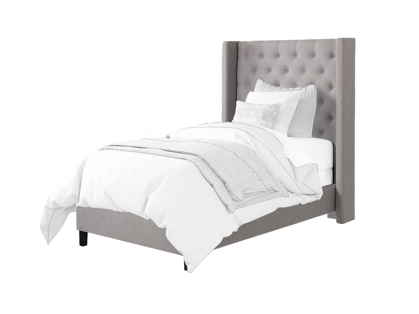 Tufted twin bed with gray fabric upholstery, padded headboard, and button-tufted design, featuring wooden legs and a sturdy frame. Ideal for modern bedroom decor and comfortable sleeping.