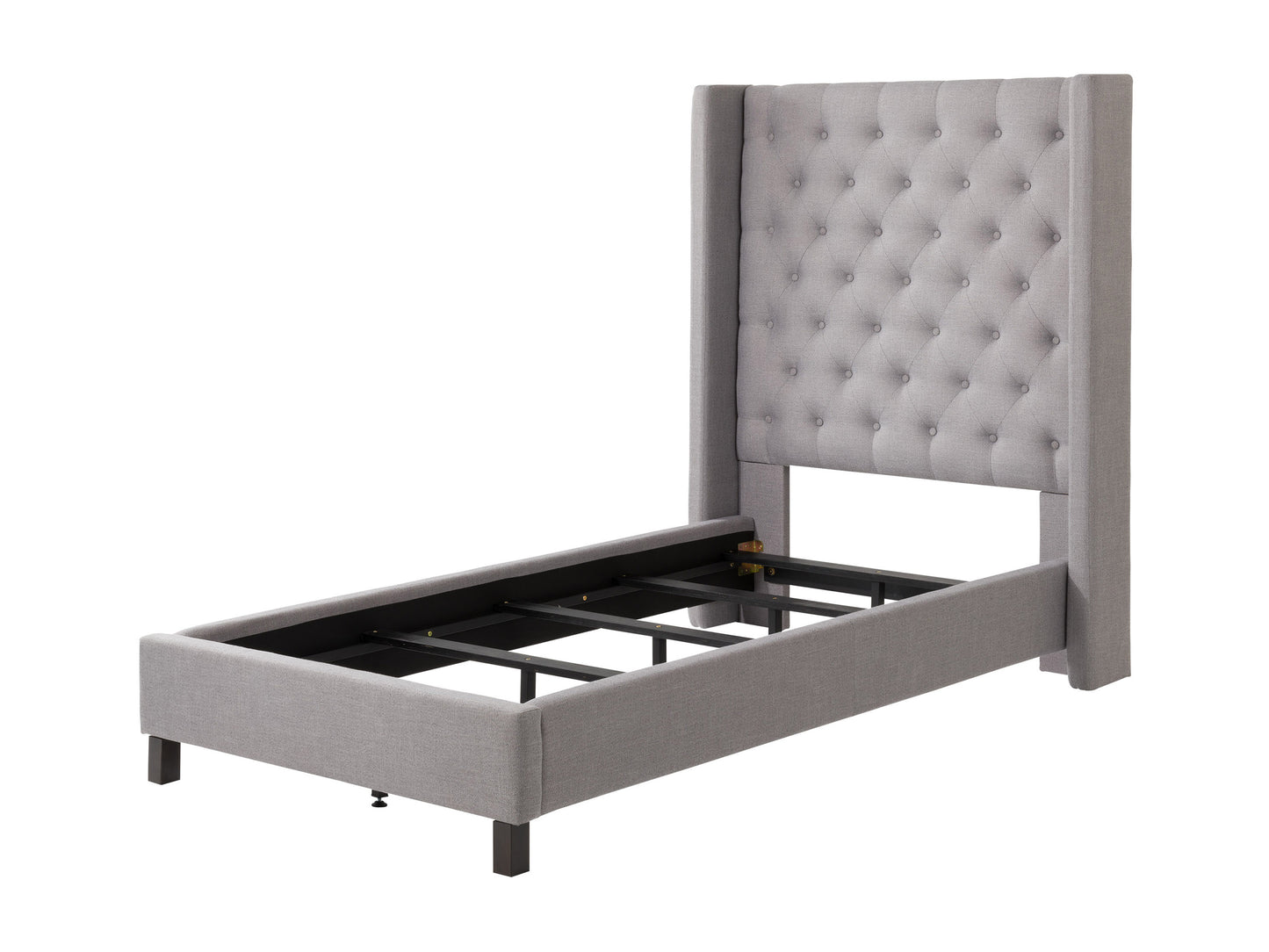 Tufted twin single bed in elegant white fabric with button detailing and sturdy wooden legs, perfect for modern bedrooms.